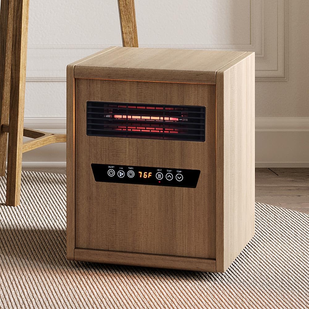 Modern Ember Portable Rolling Infrared Space Heater with LED Touchscreen and Remote Control | 12h Timer | 1500w Quick Heating for Indoor Use | Light Oak Wood