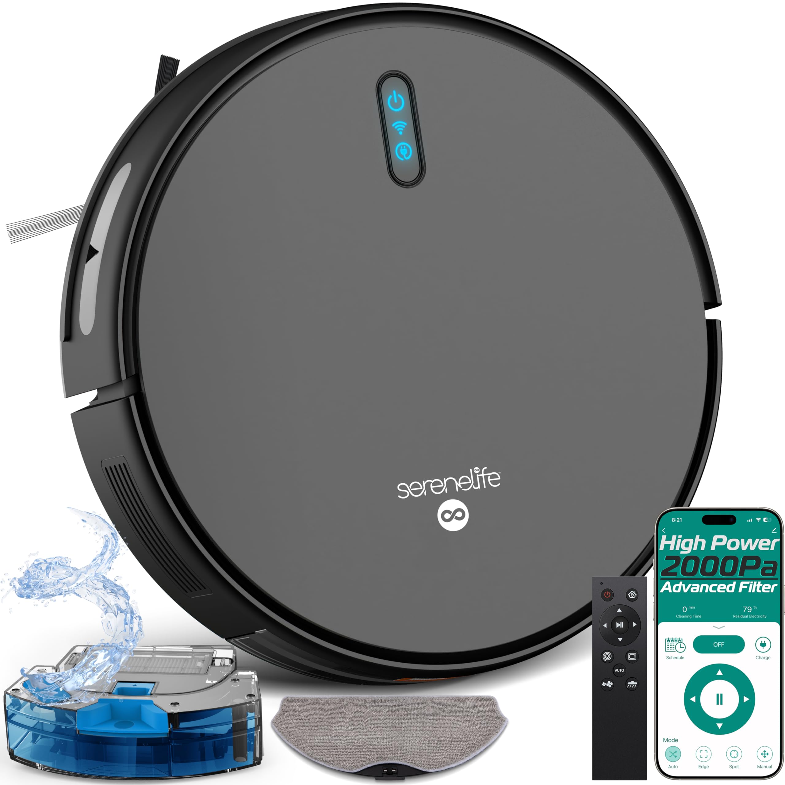 Smart Robot Vacuum and Mop Combo, 2000Pa Suction, App Control, 4 Cleaning Modes, Anti-Fall Sensors, Multi-Surface Cleaning, Self-Charging, Ideal for Pet Hair, Soft and Hard Floors, Black