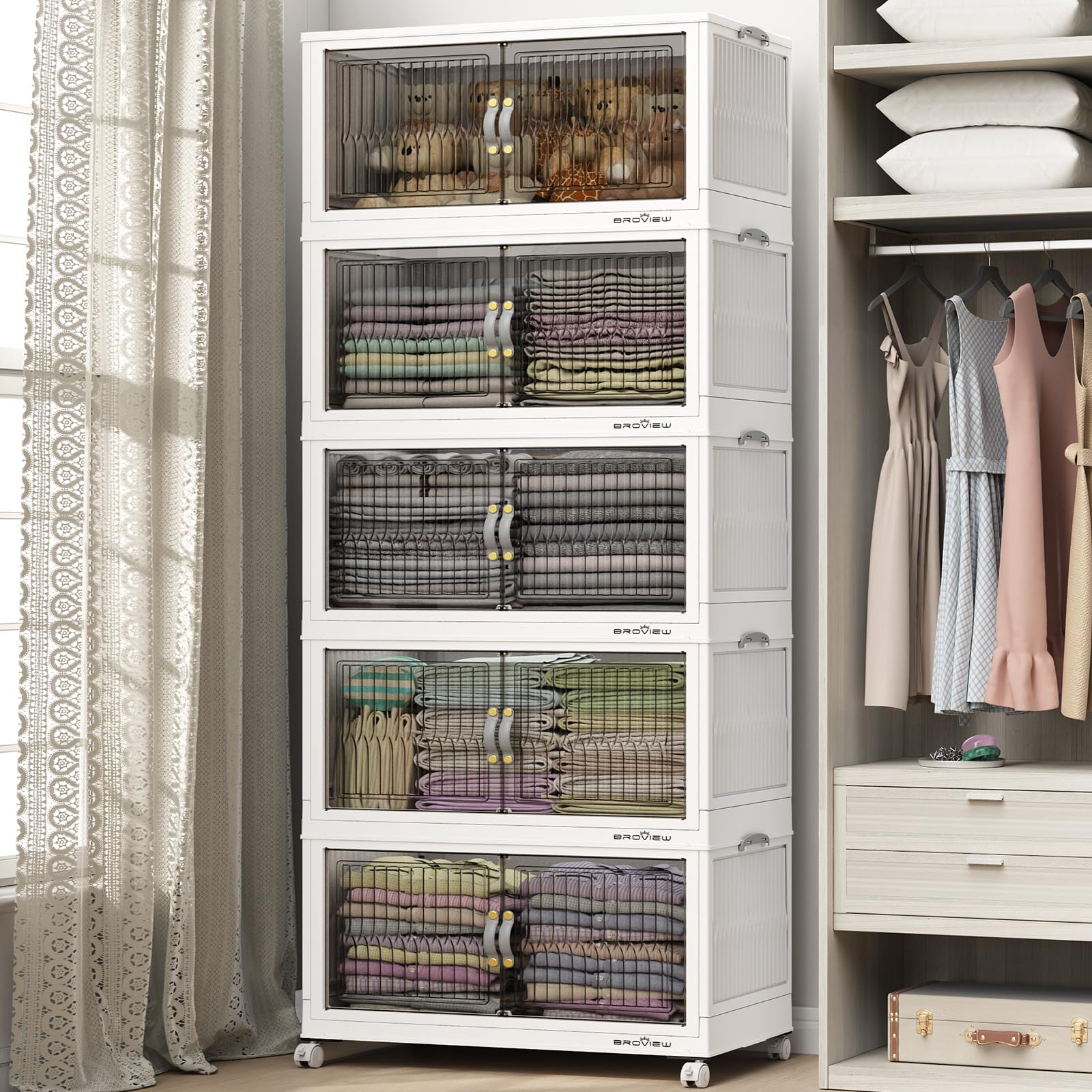 BROVIEW 120 Qt Stackable Storage Bins with Lid, Closet Organizer and Storage Drawer, Collapsible Storage Box with Wheels, Plastic Clothes Storage Cabinet Containers for Home Organization, 5Pack White