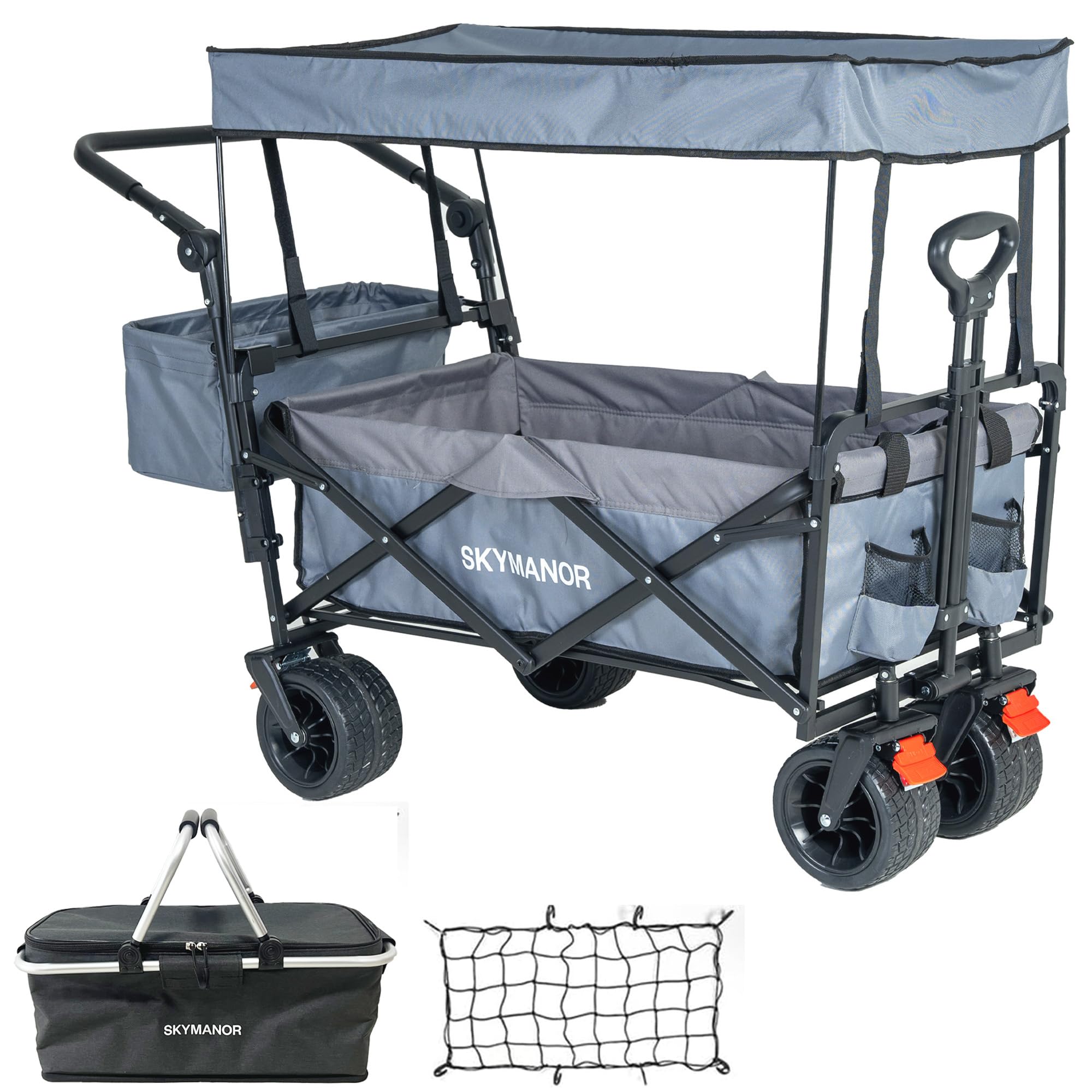 SKYMANOR Collapsible Wagon Folding Garden Cart with Removable Canopy Utility Wagon Cart with All-Terrain Wheels 4 Brake Beach Cart Heavy Duty Beach Wagon for Camping (Light&Dark Gray Splicing)