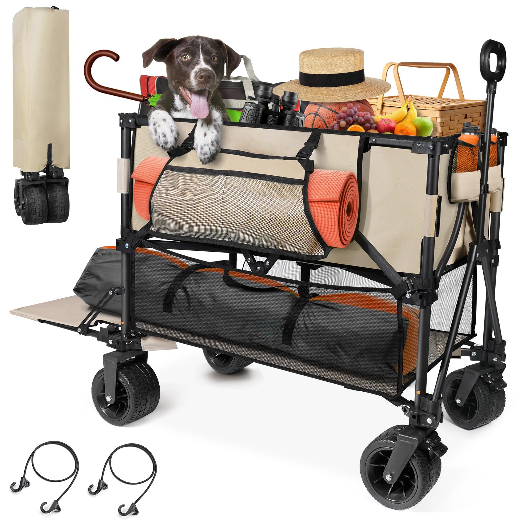 HOPERAN 400L Large Foldable Double Decker Wagon,360° Adjustable Handle 550LBS Heavy Duty Collapsible Cart with 54" Extra Extender,All Terrain Double-Locking Brack Wheels,Perfer for Beach|Camp|Outdoor