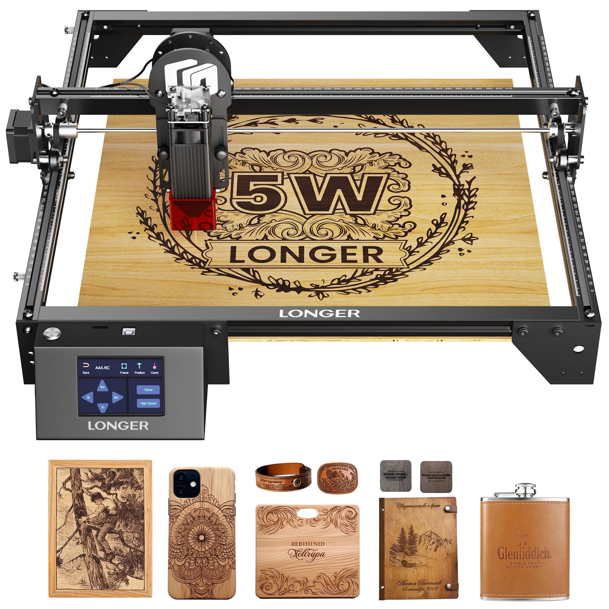 Longer RAY5 Laser Engraver, DIY Laser Engraver 5W Output Power, 3.5” Color Touch Screen, App Offline Control, Engraver Tool for Metal/Glass/Wood Engraving Area 15.75"x15.75"
