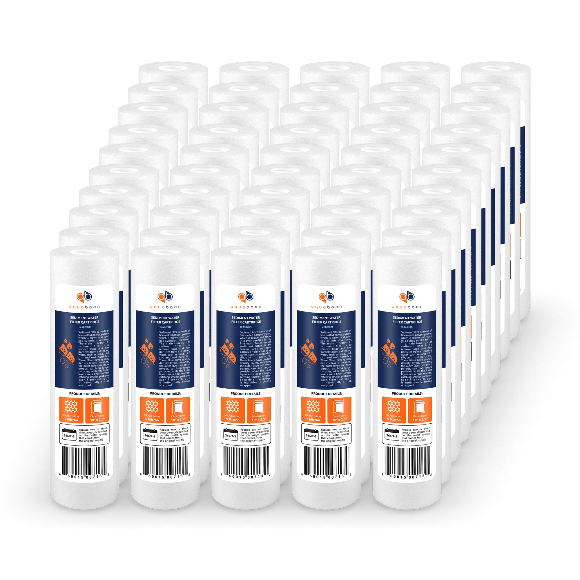 Aquaboon 5 Micron 10 x 2.5 Sediment Filter - Whole House Water Filter Replacement Compatible with Well Water Filters - P5, AP110, WHKF-GD05, 50 Pack