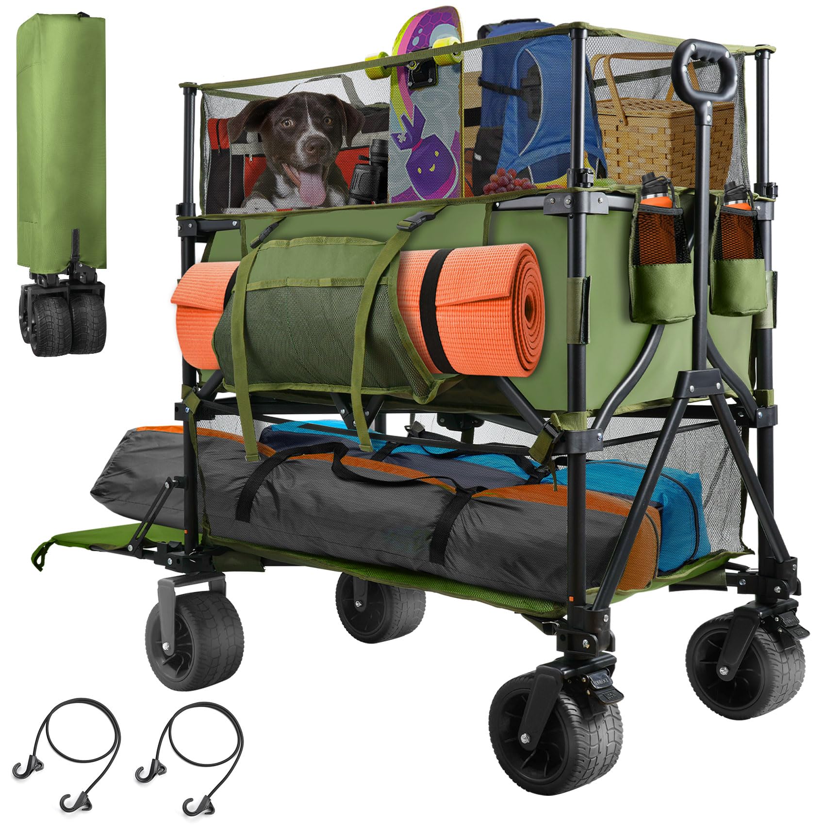 HOPERAN 550L XXL Foldable Double Decker Wagon-Greater Capacity,360° Adjustable Handle Heavy Duty 550LBS Collapsible Cart with 54" Extra Extender,All Terrain Double-Locking Brack Wheels (Olive Green)