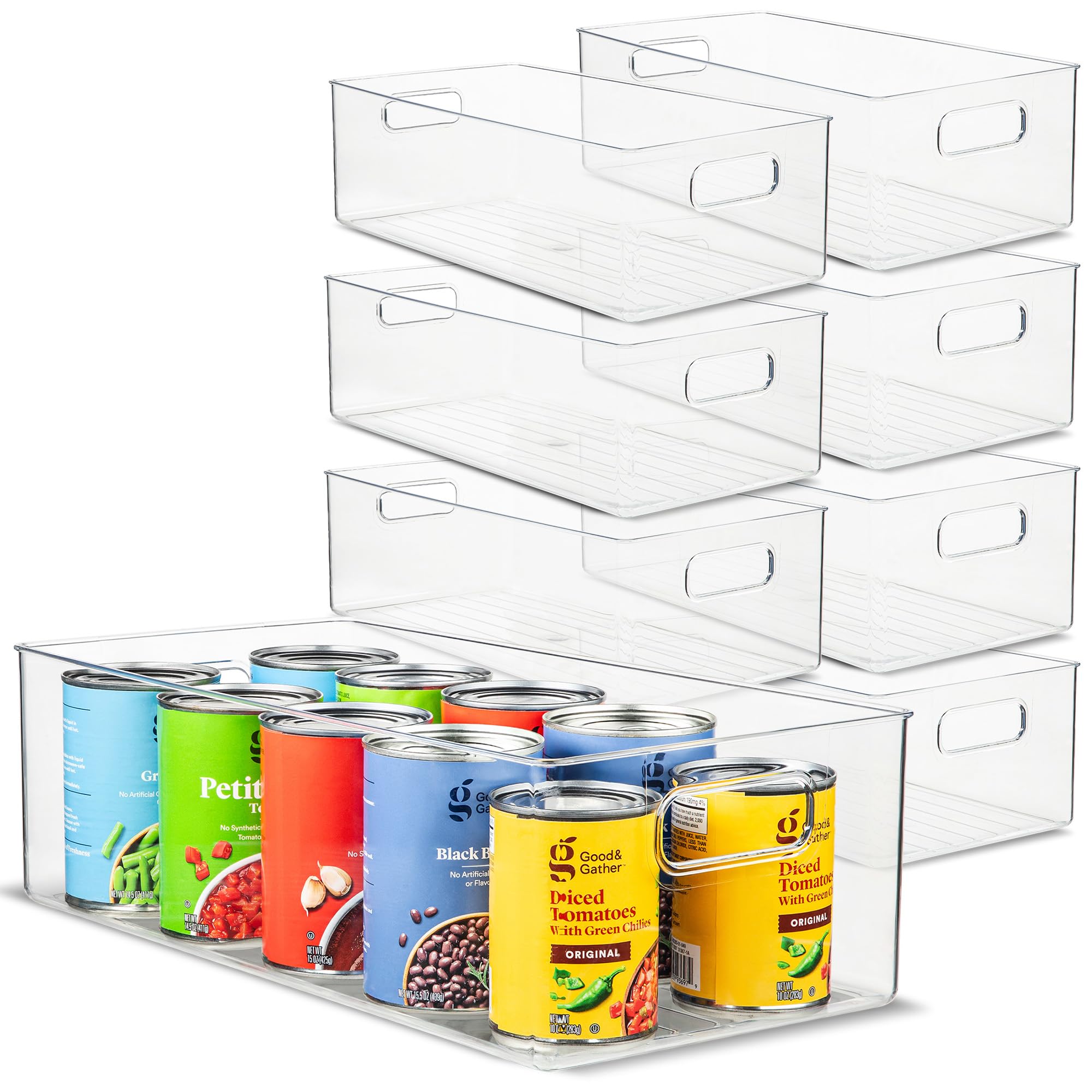 Plastic Food Storage 8 Pack Clear Container Bin with Handles for Organizing Kitchen, Pantry, Refrigerator, Freezer, Pantry, Cabinet, Closet, Bathroom. 16”x8”x5”