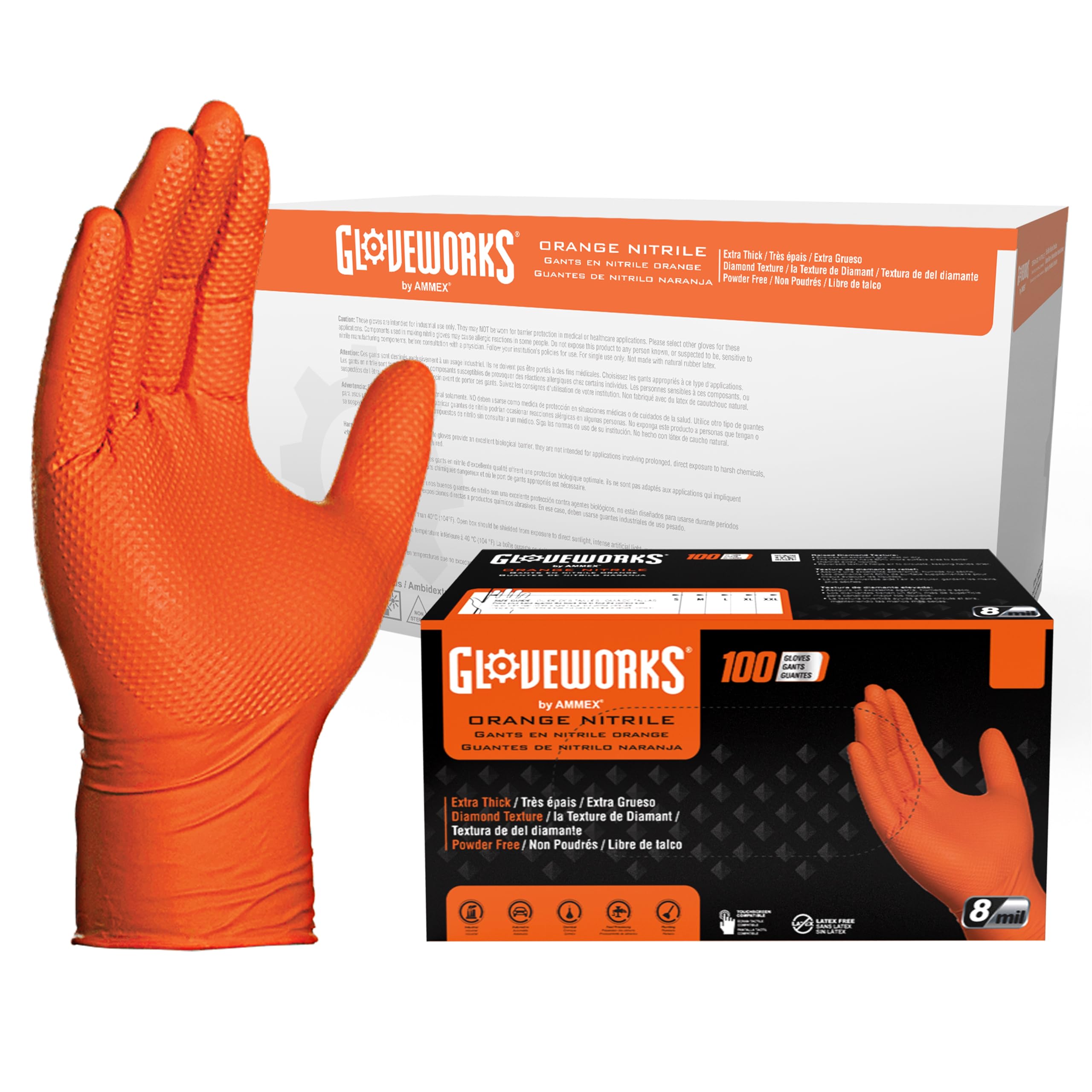 GLOVEWORKS HD Orange Nitrile Disposable Gloves, 8 Mil, Latex and Powder Free, Industrial, Food Safe, Raised Diamond Texture, X-Large, Case of 1000