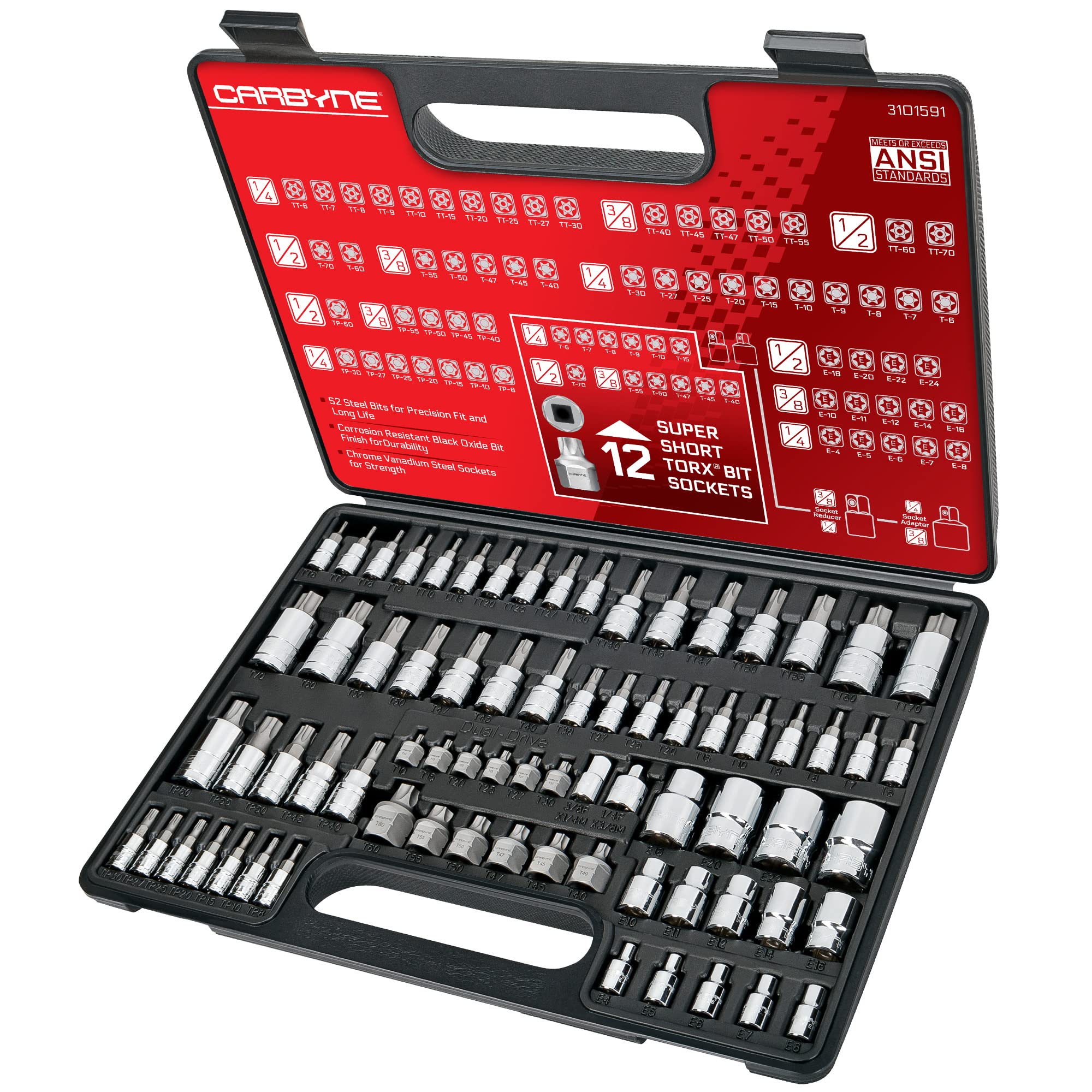 CARBYNE Master Torx Bit Socket Set & External Torx (eTorx, Female Torx) Socket Set, 74 Pieces | Includes Super Short T10-T60, Torx T6-T70, Tamper TT6-TT70, Torx Plus TP8-TP60, E4-E24. S2 Bits,CrV Skts
