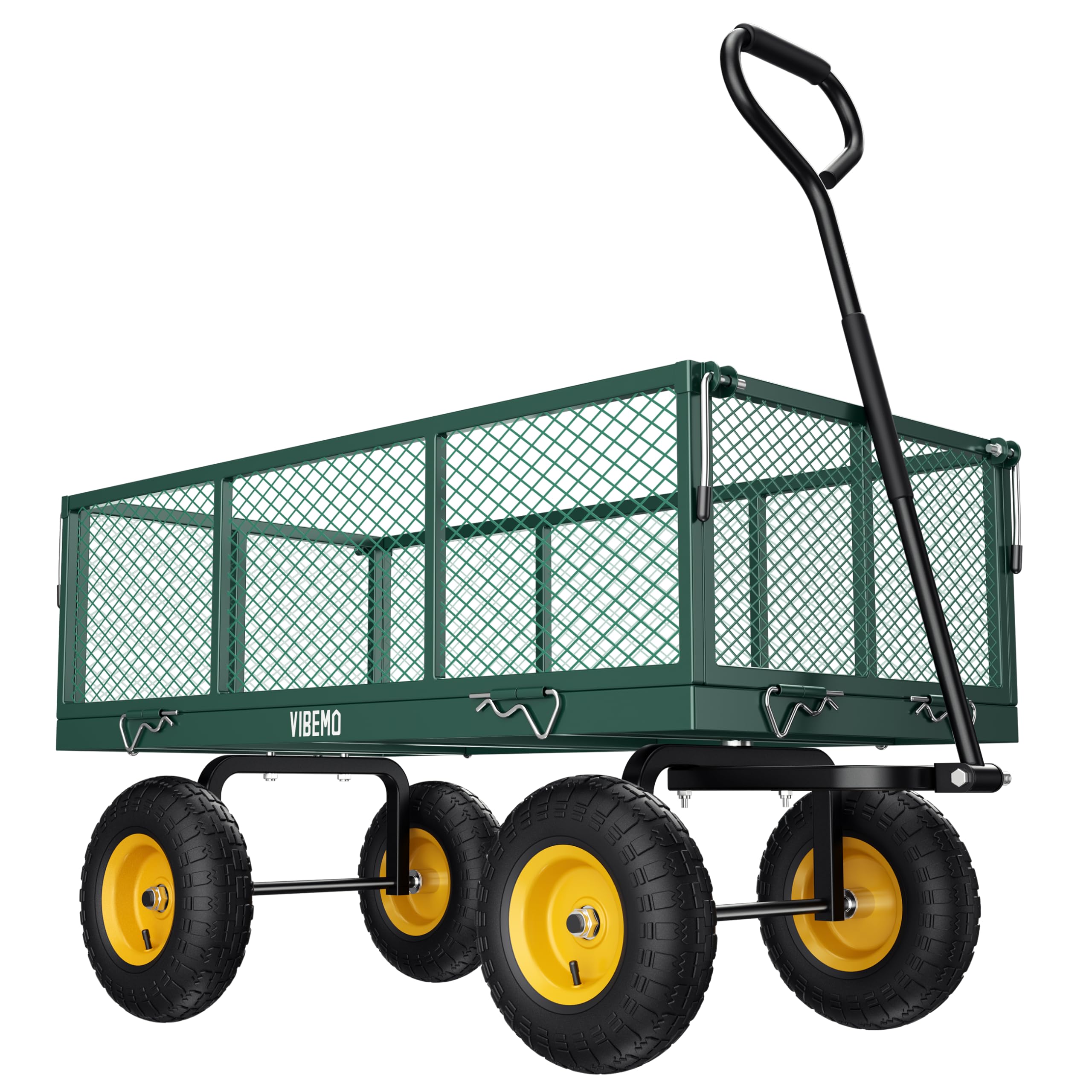 Vibemo Steel Garden Cart, 2-in-1 900 lbs Heavy Duty Utility Wagon, with Removable Mesh Sides to Convert into Flatbed, 240° U-Turn 10" Pneumatic Tires Garden Wagon for Farm Yard Lawn Garden Camping