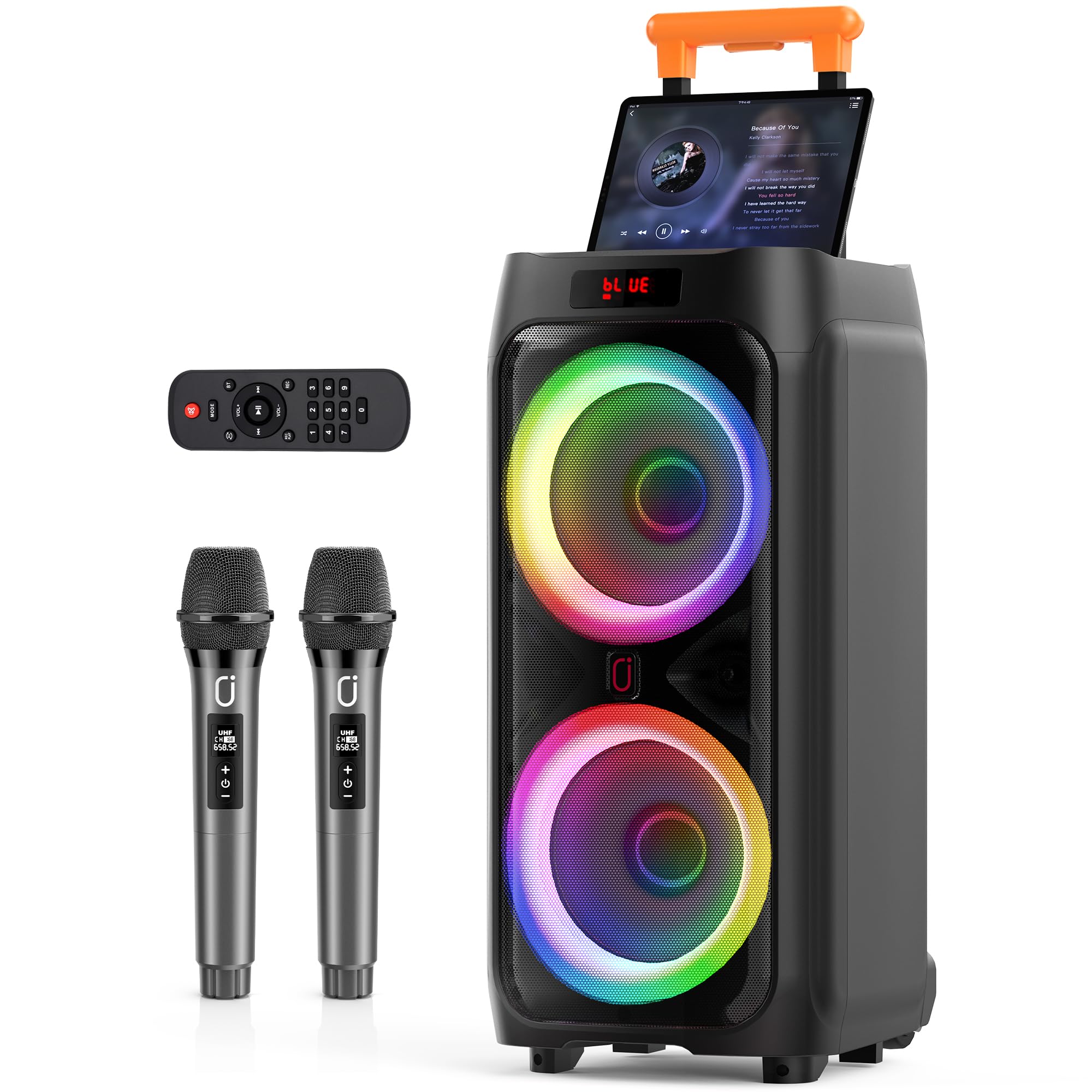 JYX Karaoke Machine with 2 Wireless Microphones for Adults, 8" Big Bluetooth Party Speaker with 500W Peak Power, PA System with LED Disco Light, Rolling Wheels and Trolley, Perfect for Outdoor Home