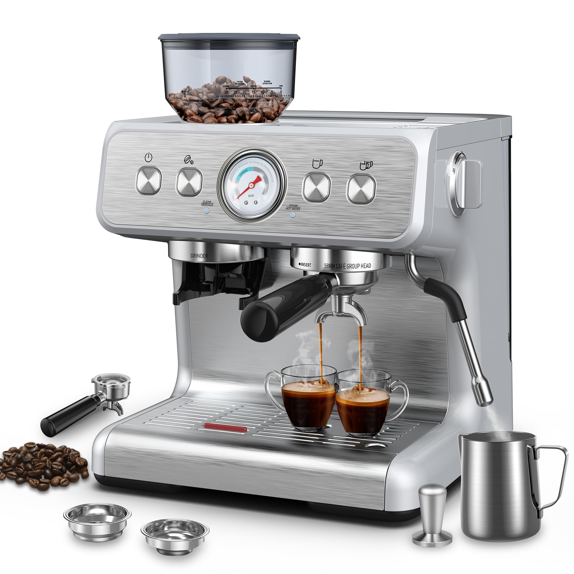 Espresso Machine with Built-in Grinder,Professional 15 Bar Espresso Maker with Milk Frother Steam Wand,Stainless Steel Espresso Coffee Machine with Removable Water Tank for Cappuccino, Latte