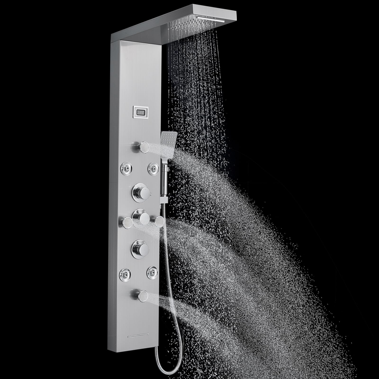 ROVOGO Shower Panel with 4 Body Jets and 4 Mist Spray, Rainfall Waterfall Shower Column Tower with Handheld, Tub Spout and Water Temperature Display, 304 Stainless Steel Brushed