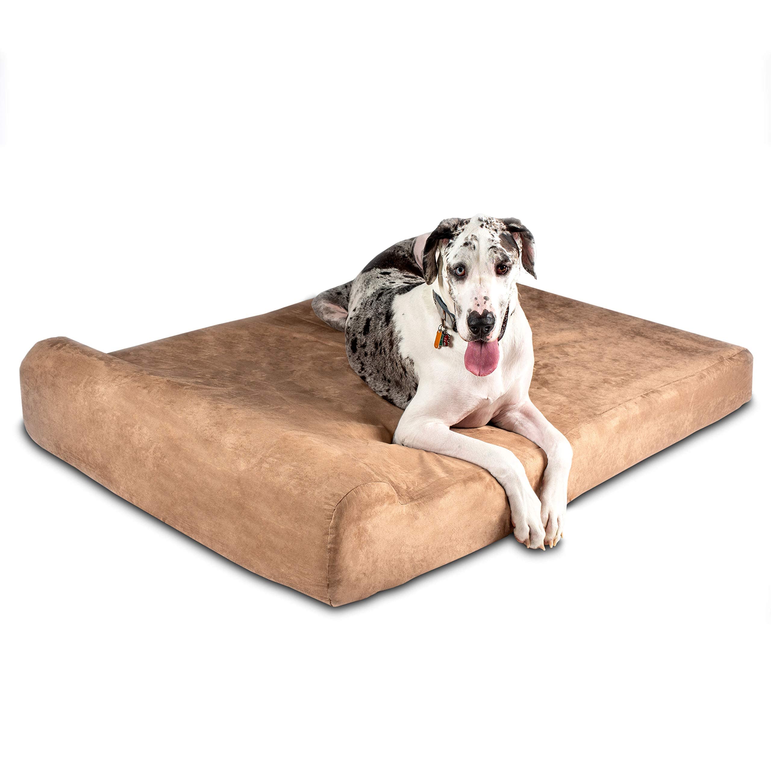Big Barker Orthopedic Dog Bed w/Headrest - 7” Dog Bed for Large Dogs w/Washable Microsuede Cover - Elevated Dog Bed Made in The USA w/ 10-Year Warranty (Headrest, Giant, Khaki)