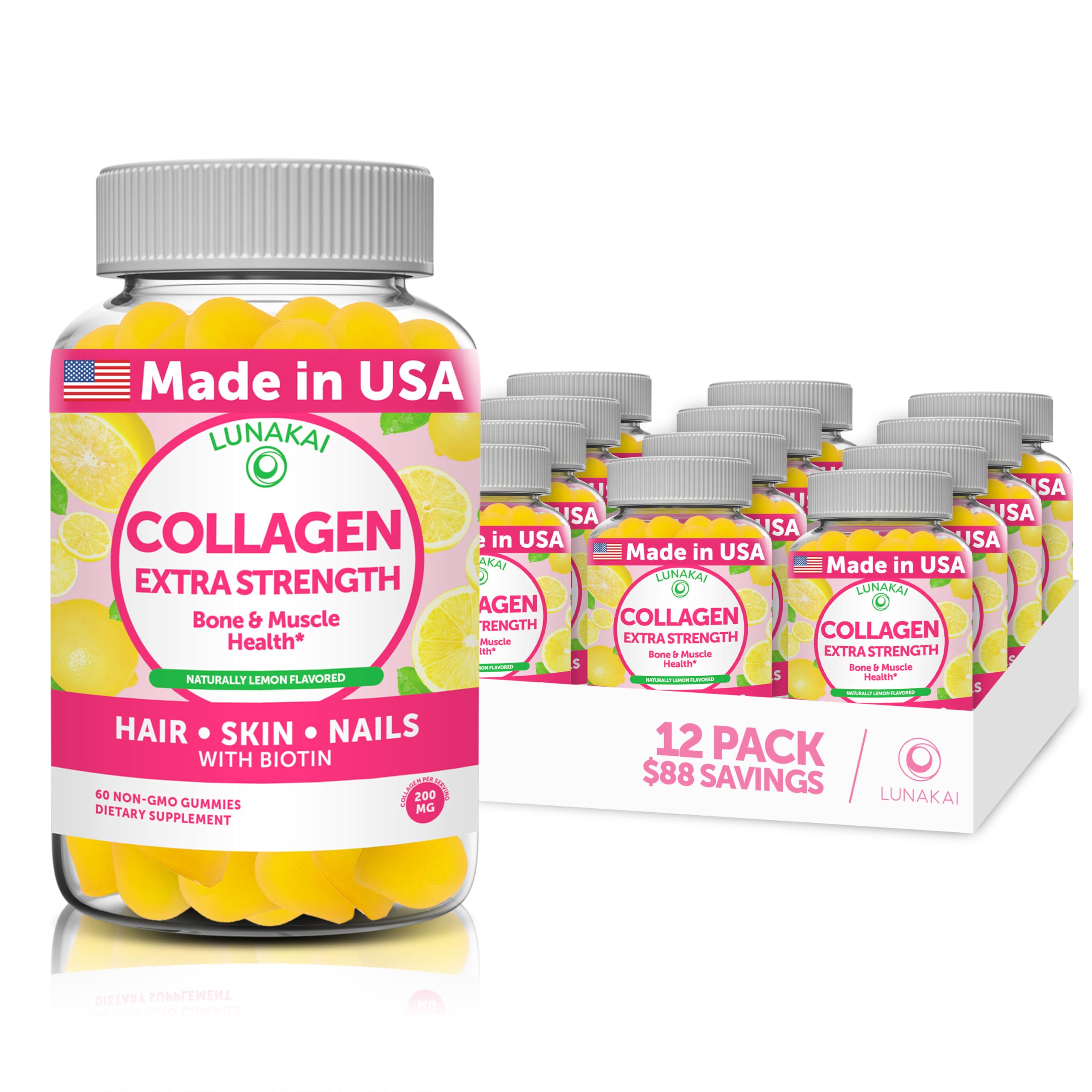 Lunakai Collagen Gummies - Tastiest Proprietary Formula - 200mg Hydrolyzed Collagen Gummies for Women and Men with Biotin, Zinc, Vitamin C and E - Non-GMO Anti Aging Supplement for Women - 12 Pack