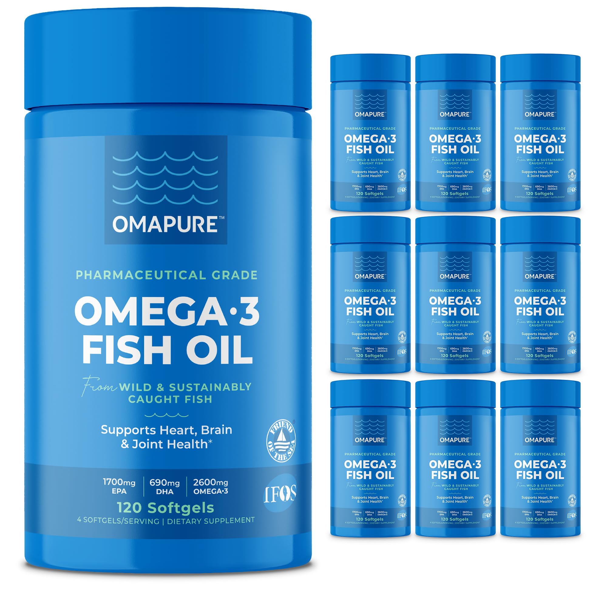 OMAPURE Wild Caught Omega-3 Supplements with High EPA & DHA (10 Bottles, 120 Softgels) - Burpless Formula Supports Heart & Joint Health, Promotes Brain Function