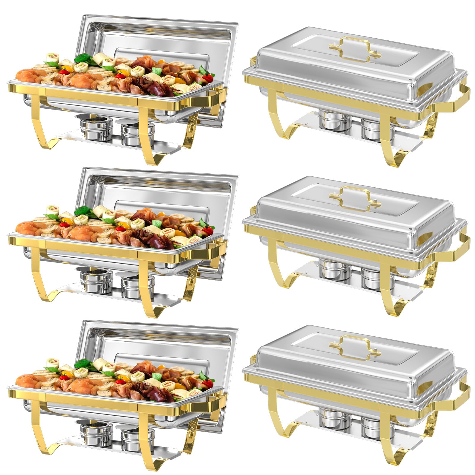 IMACONE Chafing Dish Buffet Sets of 6, 8QT Stainless Steel Rectangular Chafers and Buffet Warmer Sets for Catering, with Food & Water Pan, Lid, Gold Foldable Frame, Fuel Holder for Event Party Holiday
