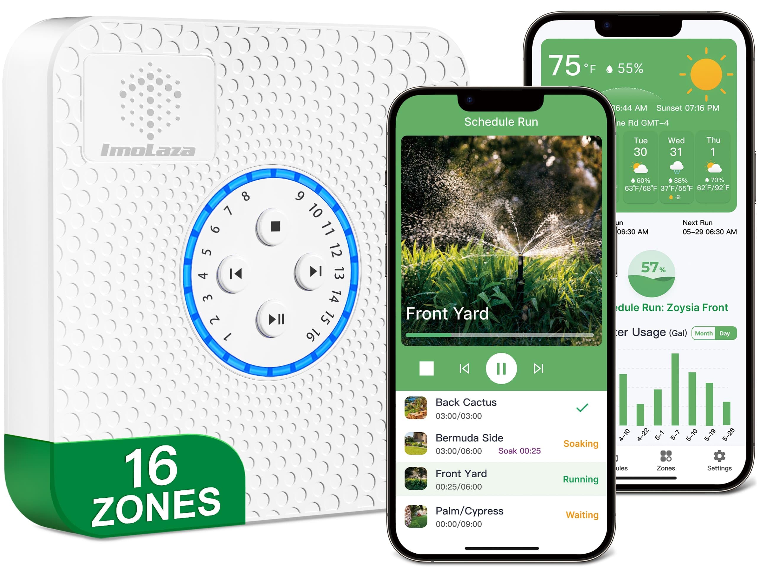 ImoLaza Smart Sprinkler Controller Evapotranspiration Master: 16 Zones WiFi Irrigation Controller with Automated Watering and App Control, Save Water Through Rain, Freeze, Wind and Saturation Skip