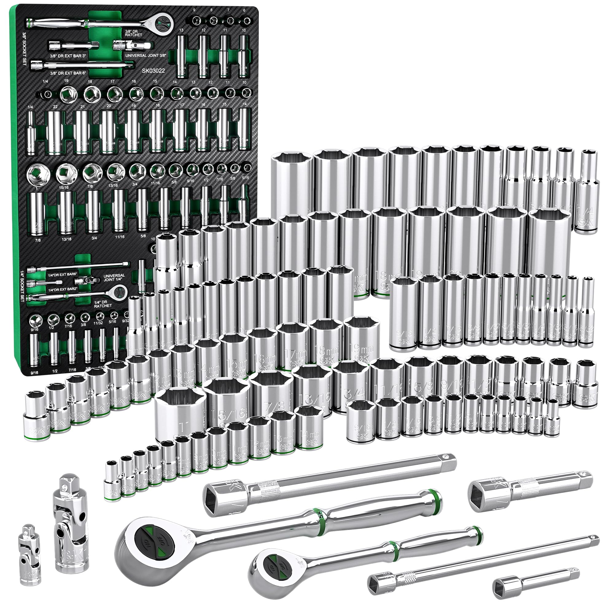 SK 1/4" & 3/8" Drive Socket Set with 160-P Ratchet, 105-Piece, SAE & Metric, SuperKrome Finish, Premium CR-V Construction, with EVA Foam Tool Organizer