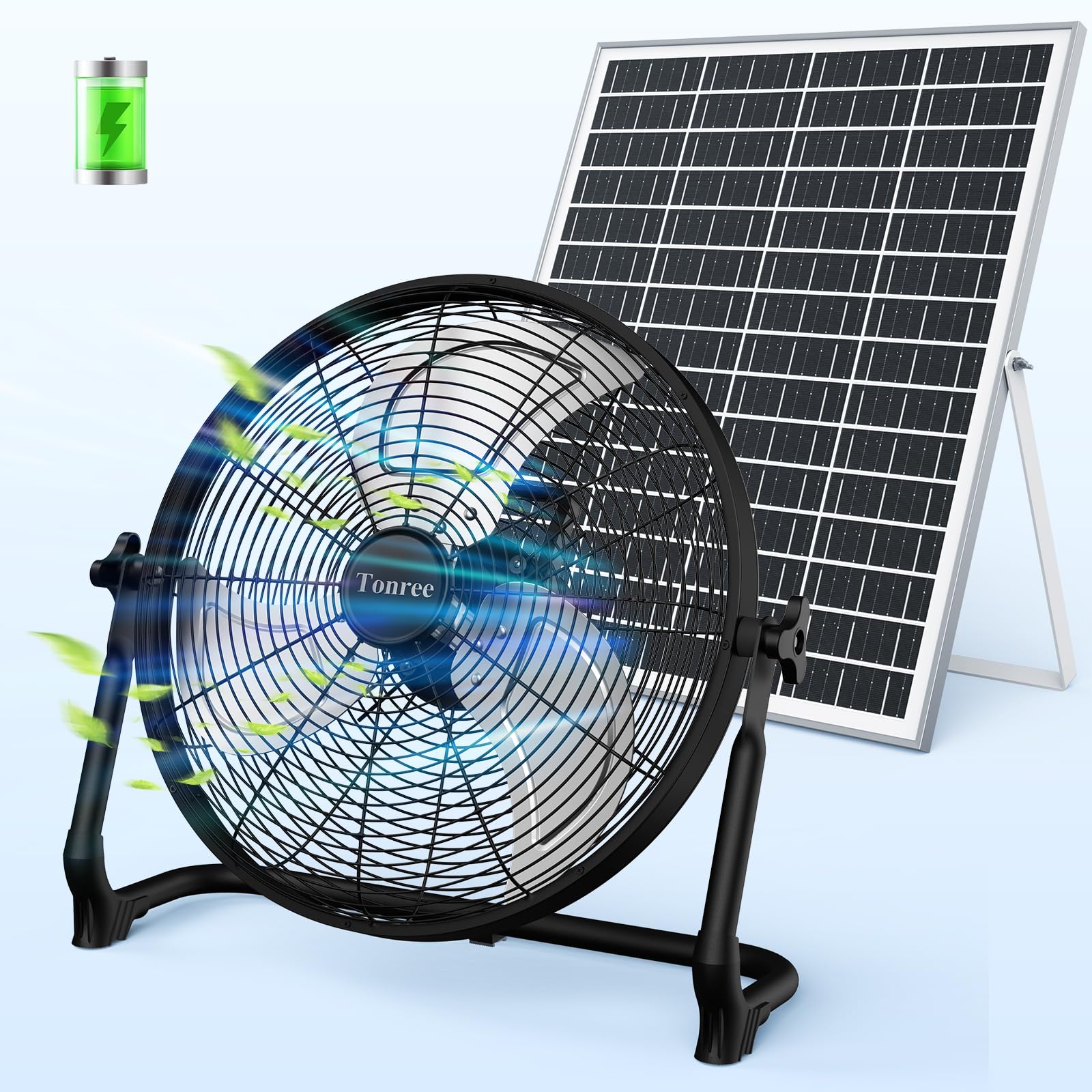 18" Portable Battery Operated Solar Fan, Rechargeable Camping Tent Fan Outdoor, Hi-Velocity Cordless Metal Floor Fan, Hi-Airflow Wireless Industrial Fan, Quiet Fan, 12-60H Runtime, USB Phone Charge