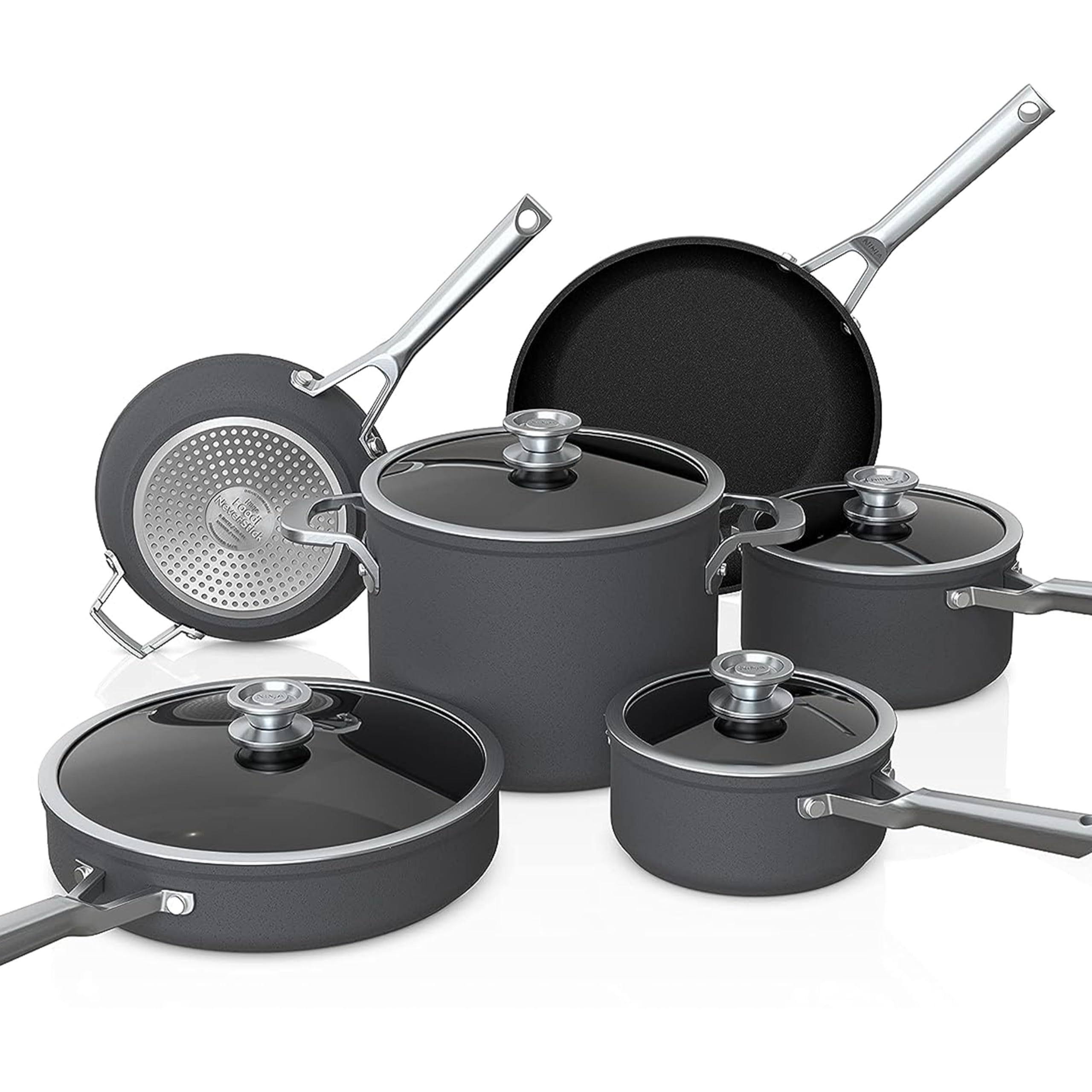 Ninja NeverStick Premium 10 Piece Pots & Frying Pans Set, with Glass Lids, Nesting, Hard Anodized, Kitchen Cookware Sets Nonstick, Durable & Oven Safe to 500°F, Slate Grey, C59500