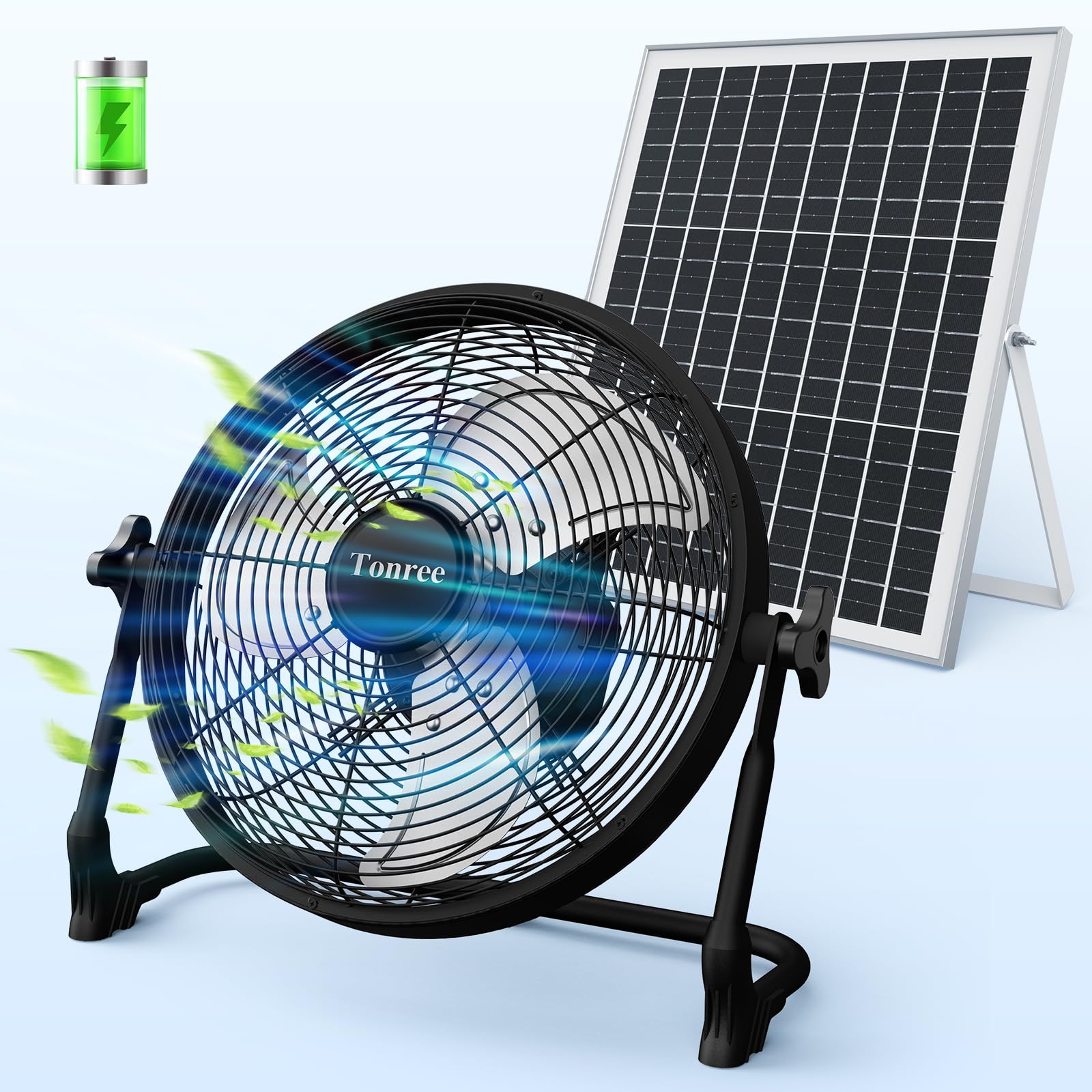 14" Portable Battery Operated Solar Fan, Rechargeable Camping Tent Fan Outdoor, Hi-Velocity Cordless Metal Floor Fan, Hi-Airflow Wireless Industrial Fan, Quiet Fan, 12-60H Runtime, USB Phone Charge