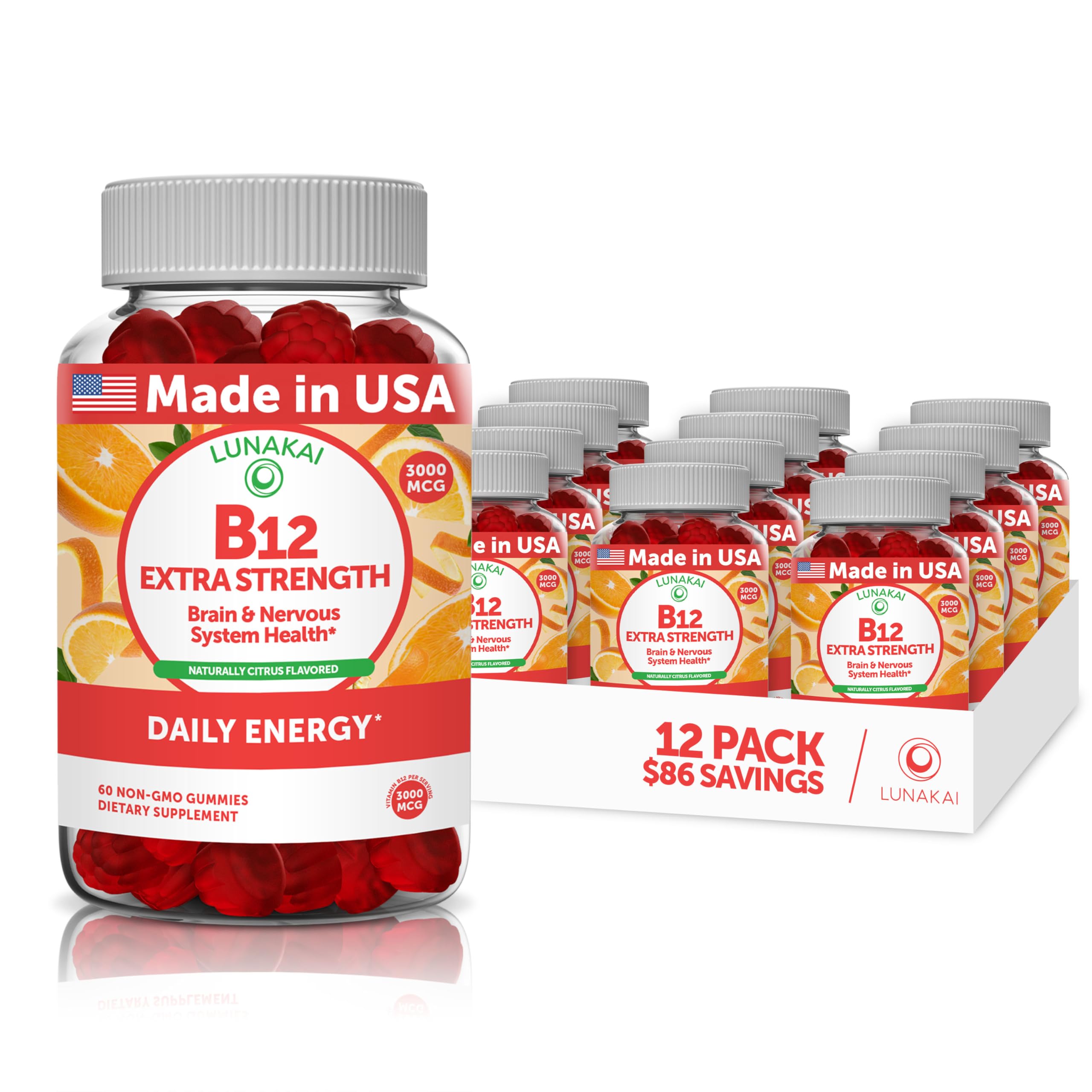 Lunakai Vitamin B12 Gummies for Adults - Tastiest Proprietary Formula - 3000mcg Methyl B-12 High Absorption Energy - Non-GMO, Vegan, Chewable Supplement for Energy Support and Bone Health - 12 Pack