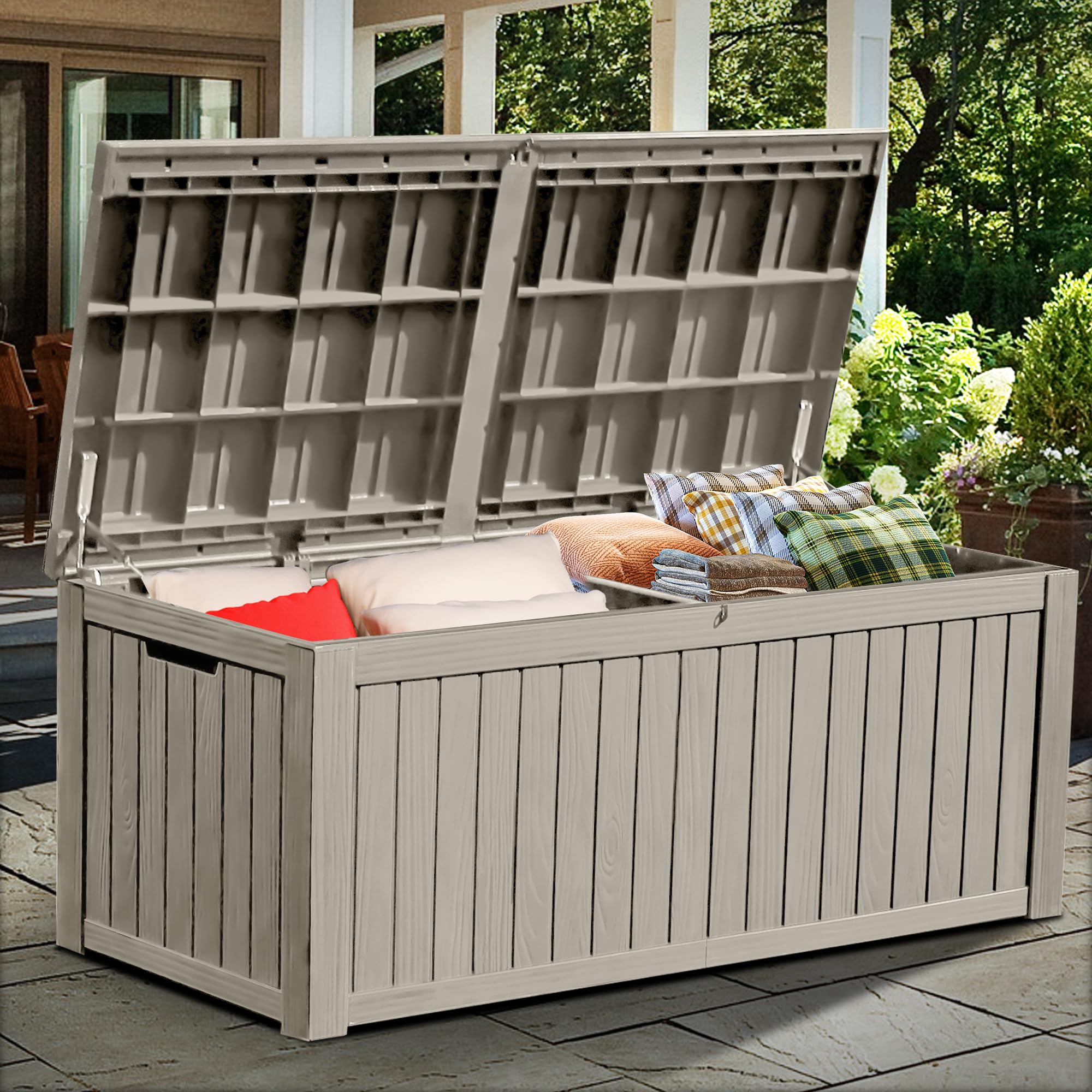 YITAHOME 150 Gallon Large Deck Box w/Divider, XL Waterproof Outdoor Storage for Patio Furniture,Outdoor Cushions, Garden Tools, Sports Equipment and Pool Supplies, Resin, Lockable, Taupe