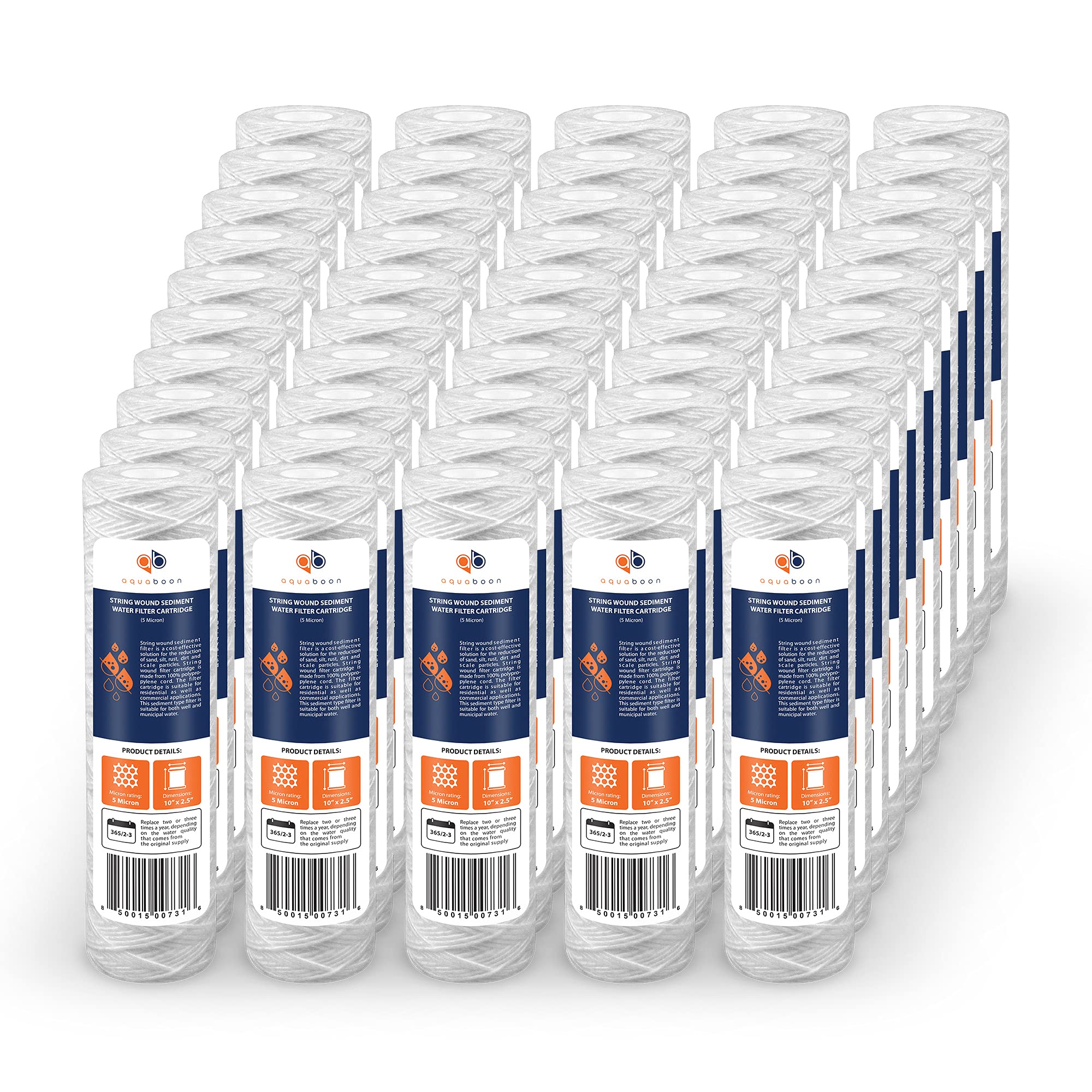 Aquaboon Whole House 5 Micron 10 x 2.5 String Wound Sediment Water Filter Cartridge Replacement Compatible with Well Water Filter WHKF-WHSW, 50-Pack