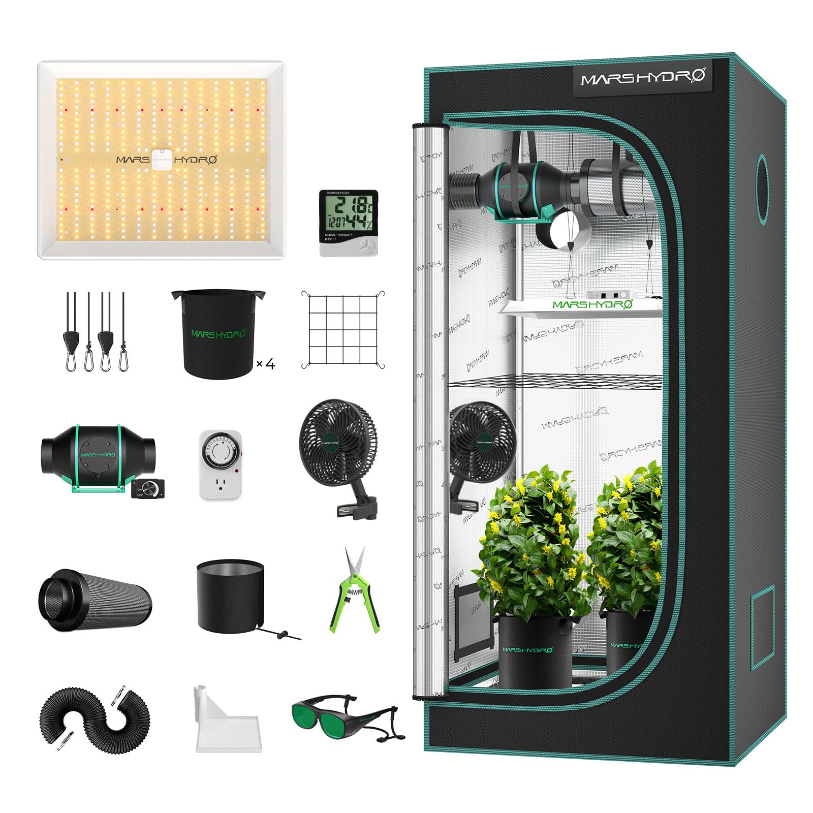 MARS HYDRO 3x3 Grow Tent Kit Complete System,150W TS1000 LED Dimmable Grow Light, 32"x32"x63" 1680D High Reflective Mylar Grow System with 4inch Adjustable Speed Ventilation System,10 Speed Clip Fan