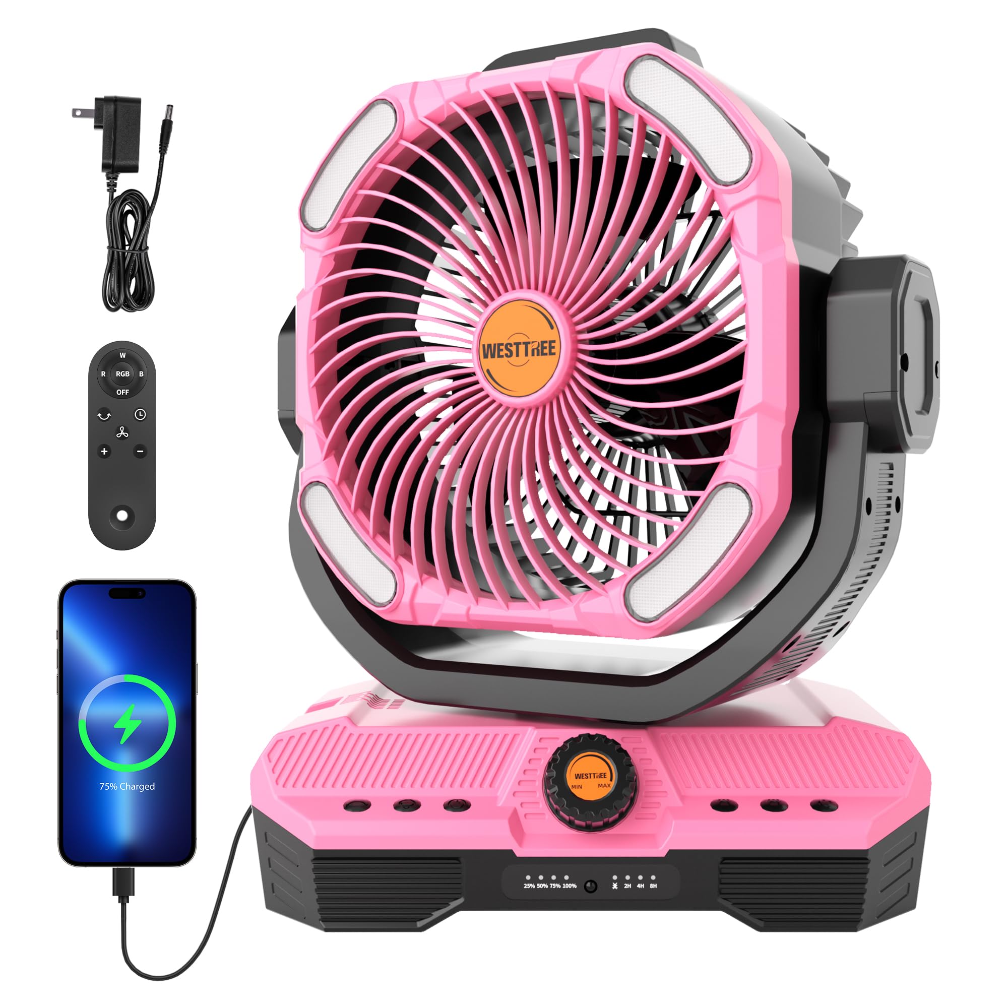 WESTTREE Battery Operated Large Airflow Fan,45000mAh Rechargeable Camping Cordless Fan with 360°Auto Oscillation & Timer, Queit Battery Powered Tent Fans Portable with RGBW Lights for Home X66 Pink