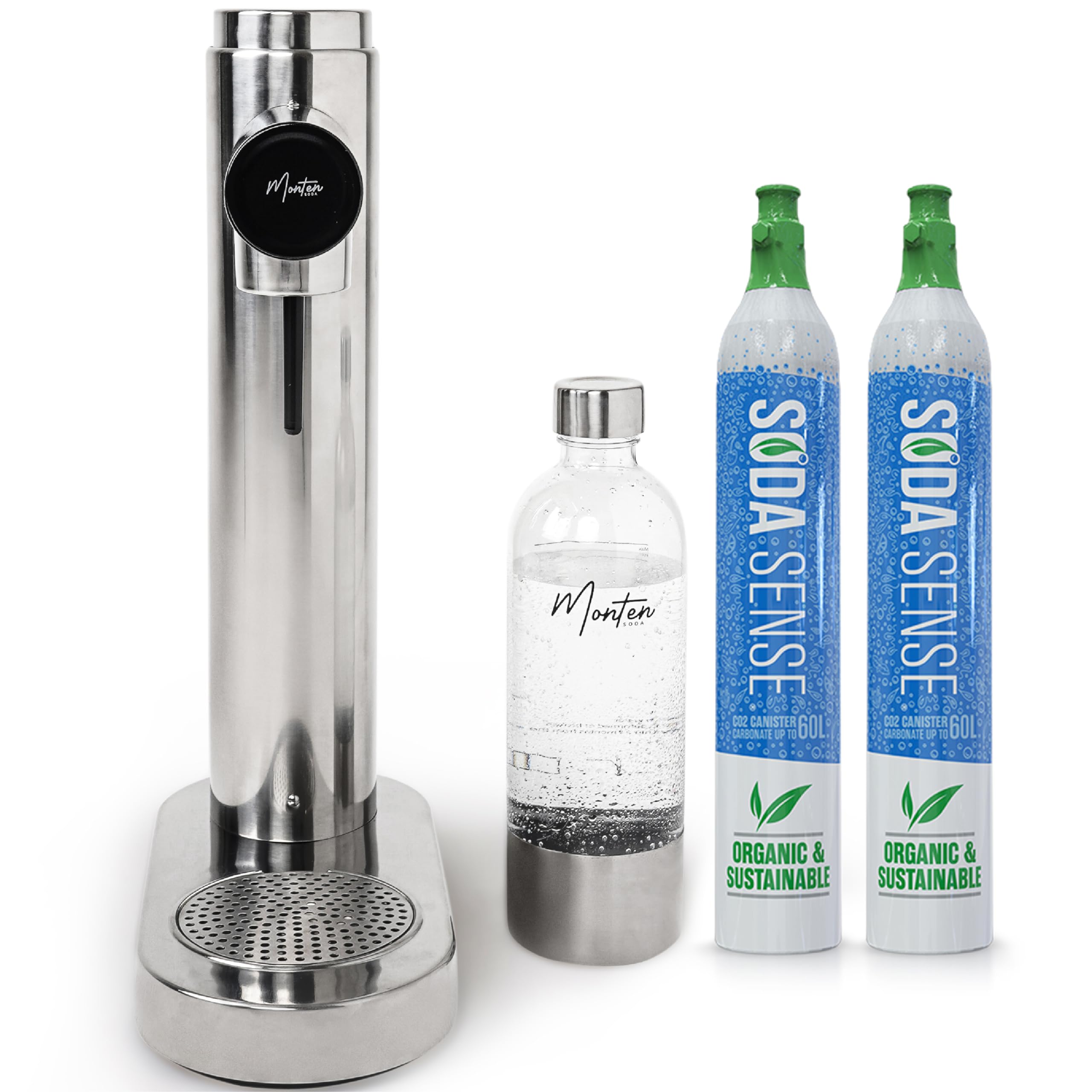 MonTen Soda - Polished Steel Sparkling Water Maker - Includes 2 x 60L Soda Sense CO2 Cylinder & Reusable 900ML PET Bottle - Stylish - Eco-Friendly - Home Soda Maker Made with Polishing Cloth
