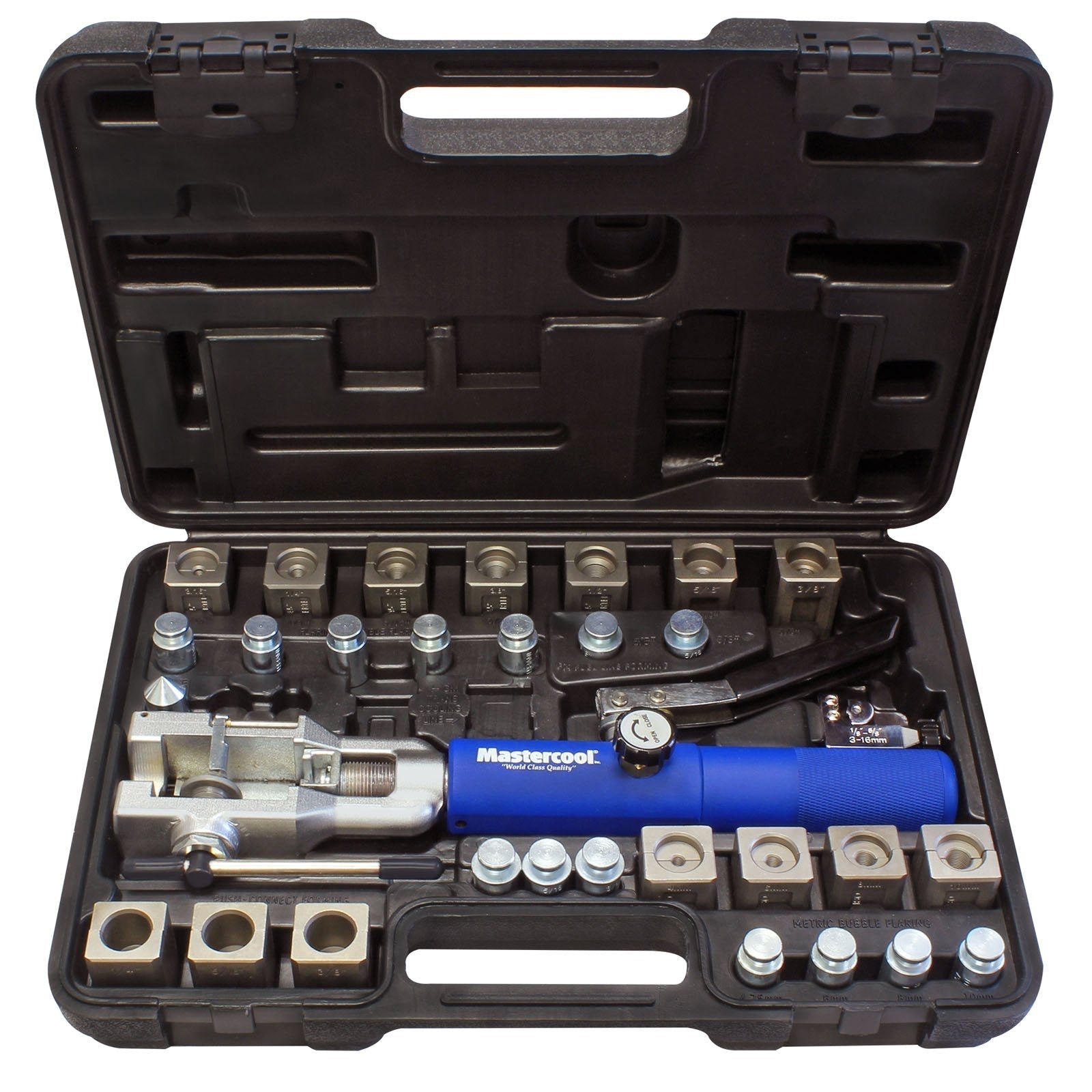 Mastercool 72475-PRC Universal Hydraulic Flaring Tool Set – Patented Design – 45° Double & Single Flares, Push Connect, GM Fuel Line, Brake Line – Includes Hydraulic Ram & Mini Tube Cutter