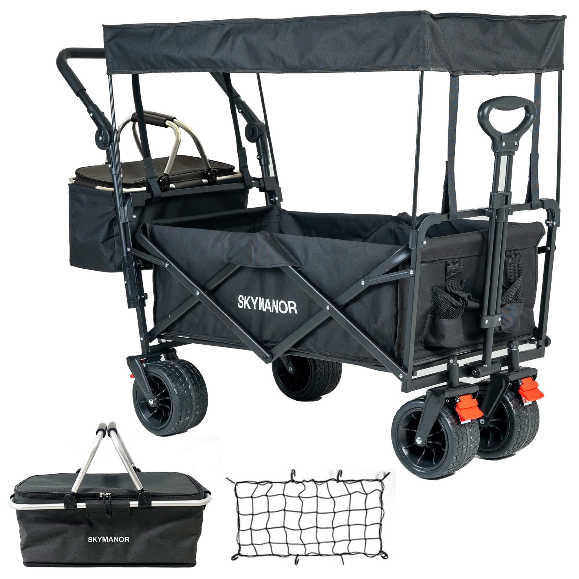 SKYMANOR Collapsible Wagon Folding Garden Cart with Removable Canopy Utility Wagon Cart with All-Terrain Wheels Brake Beach Cart for Sand Heavy Duty Beach Wagon for Camping Shopping (Black)