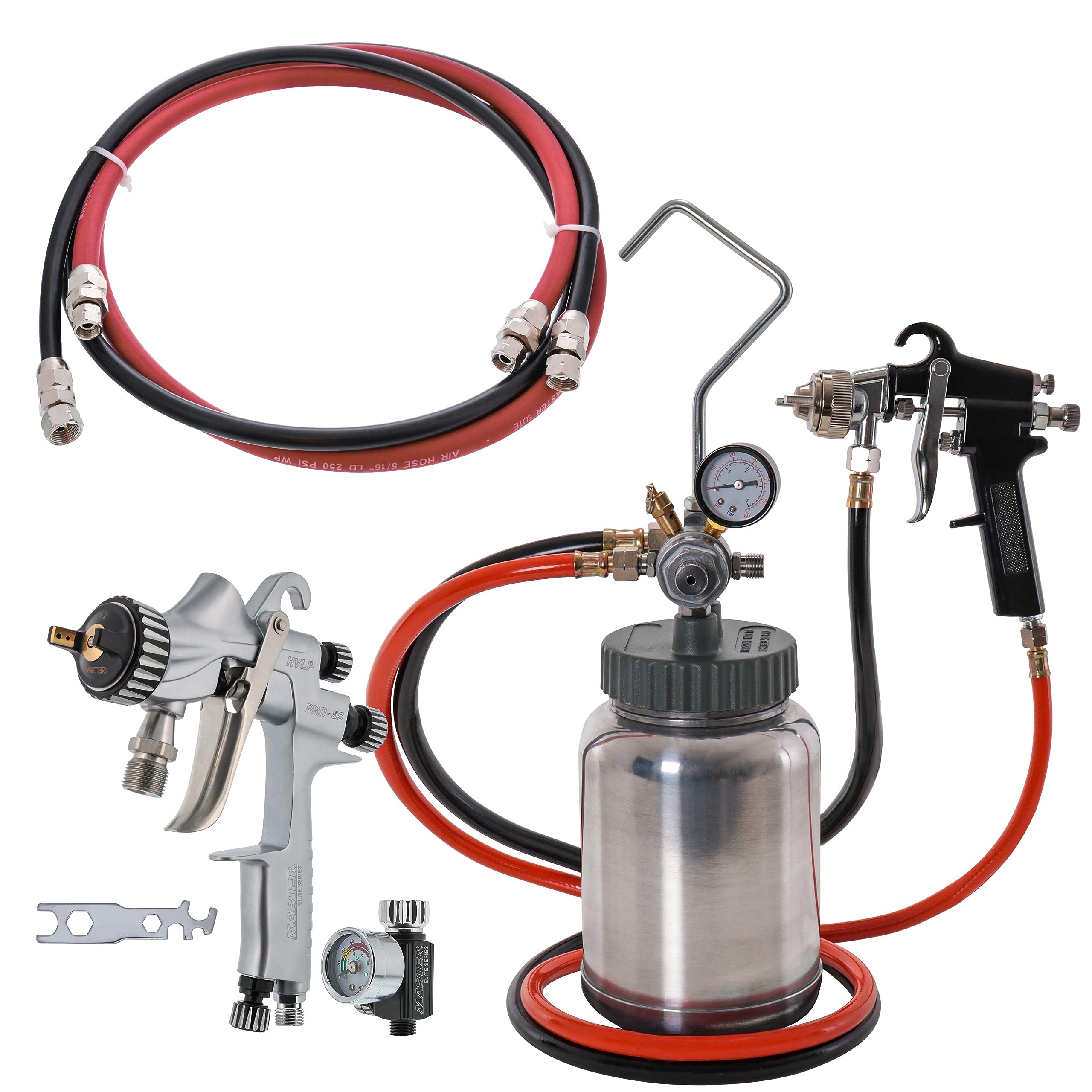 TCP Global 2 Quart Spray Paint Pressure Pot Tank with Master Elite 55 Series High-Performance HVLP Pressure Feed Spray Gun 1.2mm Tip and 6' Air and Fluid Hose