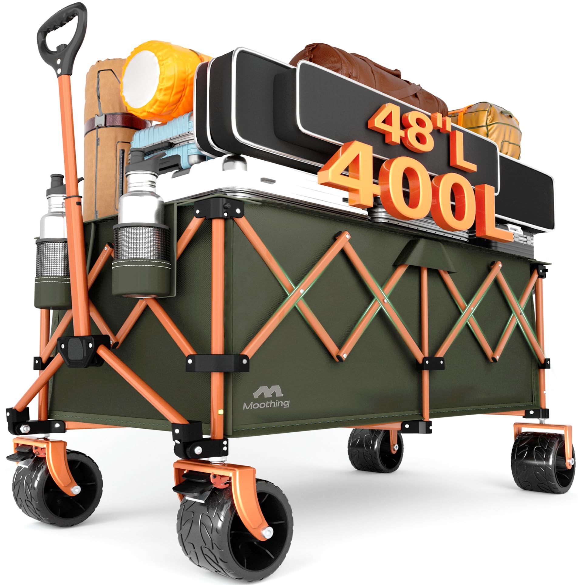 Moothing 48”L Foldable Wagons Carts Extended, Collapsible Folding Wagon 500lbs Heavy Duty, 400L Large Beach Wagon, Utility Wagon with All Terrain Big Wheels for Sports, Camping, Grocery, Garden, Green