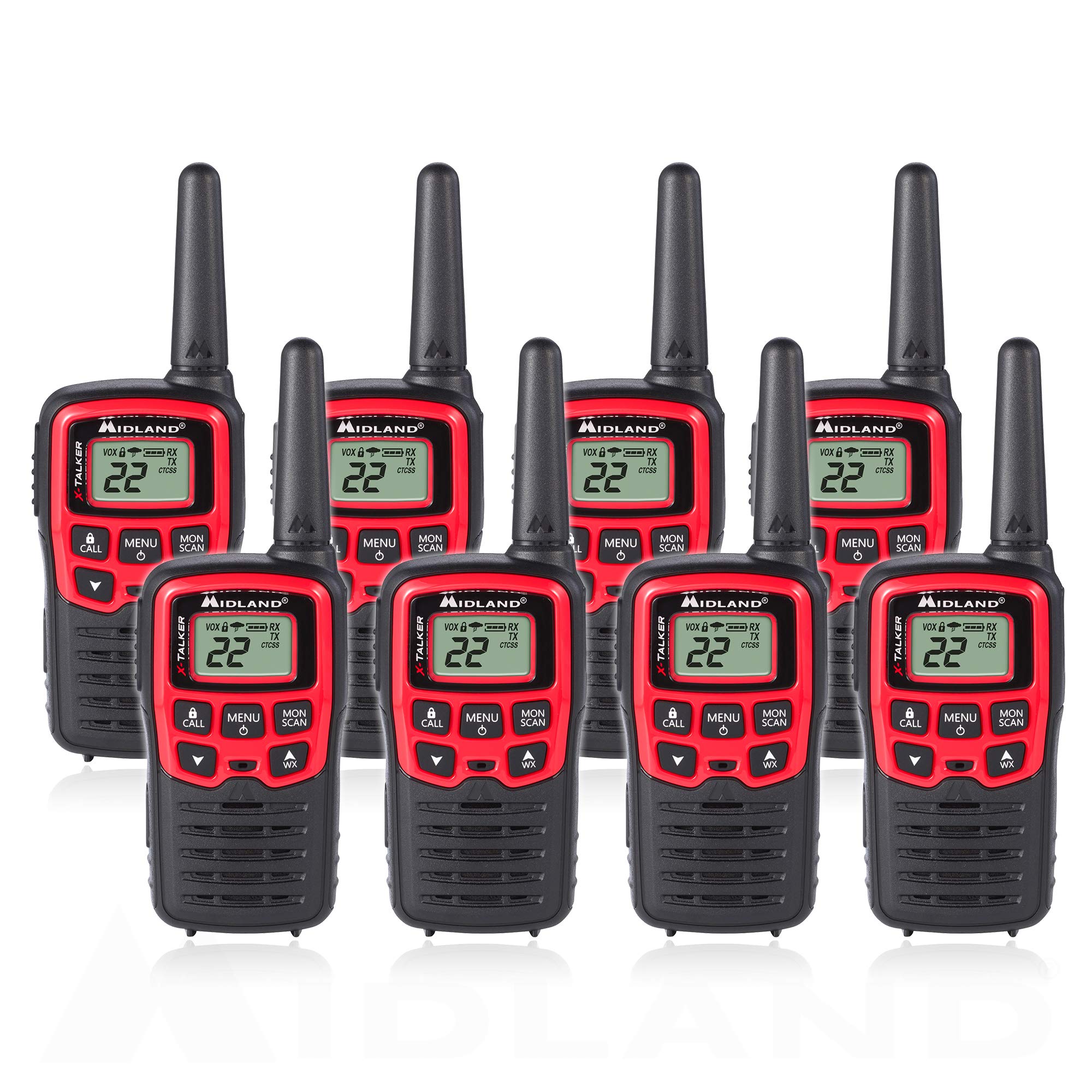 Midland T31VP 22 Channel FRS Walkie Talkie - Up to 26 Mile Range Two-Way Radio - Red/Black (Pack of 8)