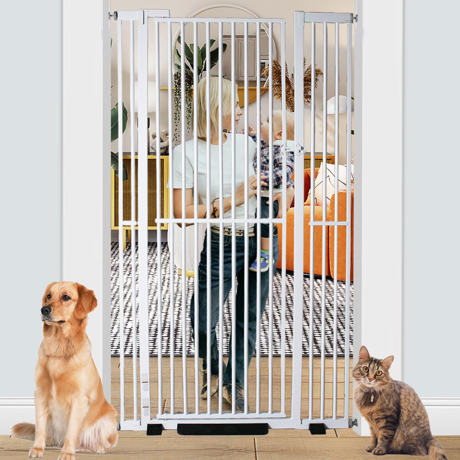 71 inch Extra Tall Gates for Cats, Adjustable 29.13" and 42.08" Wide Baby Gate, Pressure Mounted Full Door Pet Gate for Doorway, Stairs,House(White, 71 Inch)