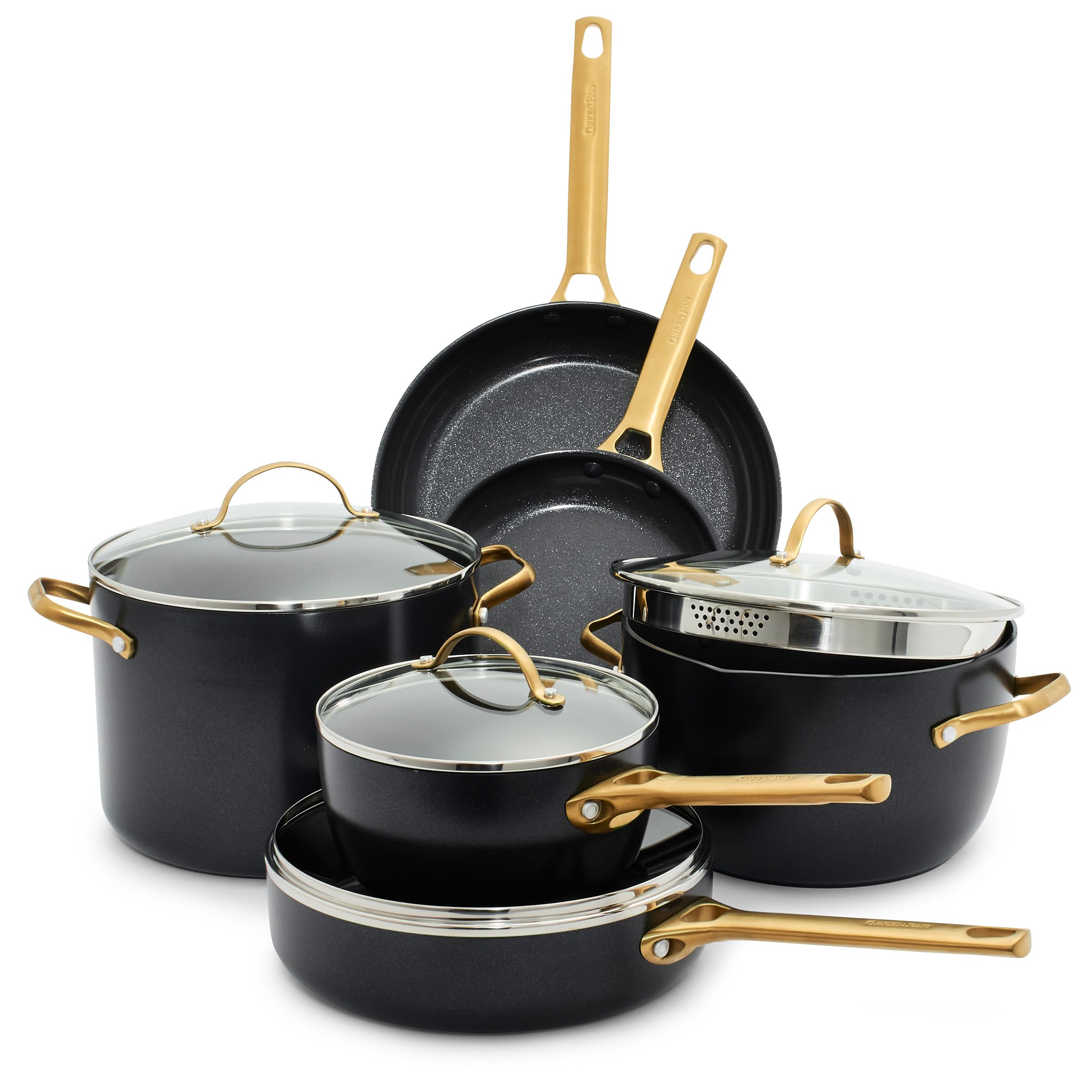 GreenPan Reserve Hard Anodized Healthy Ceramic Nonstick 10 Piece Cookware Pots and Pans Set, Gold-Tone Stainless Steel Handles, PFAS & PFOA-Free, Dishwasher Safe, Oven & Broiler Safe, Black