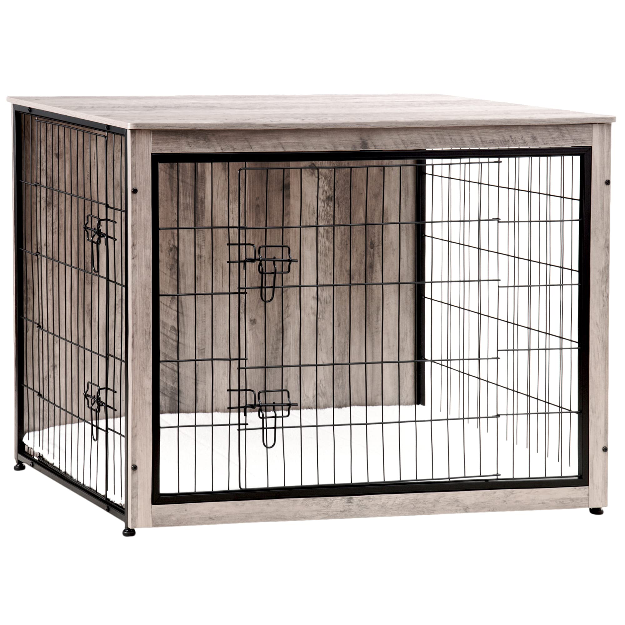 DWANTON Dog Crate Furniture with Cushion, Wooden Kennel Table with Double Doors, Indoor Dog House, Extra Large Size, 43.3" L, Greige