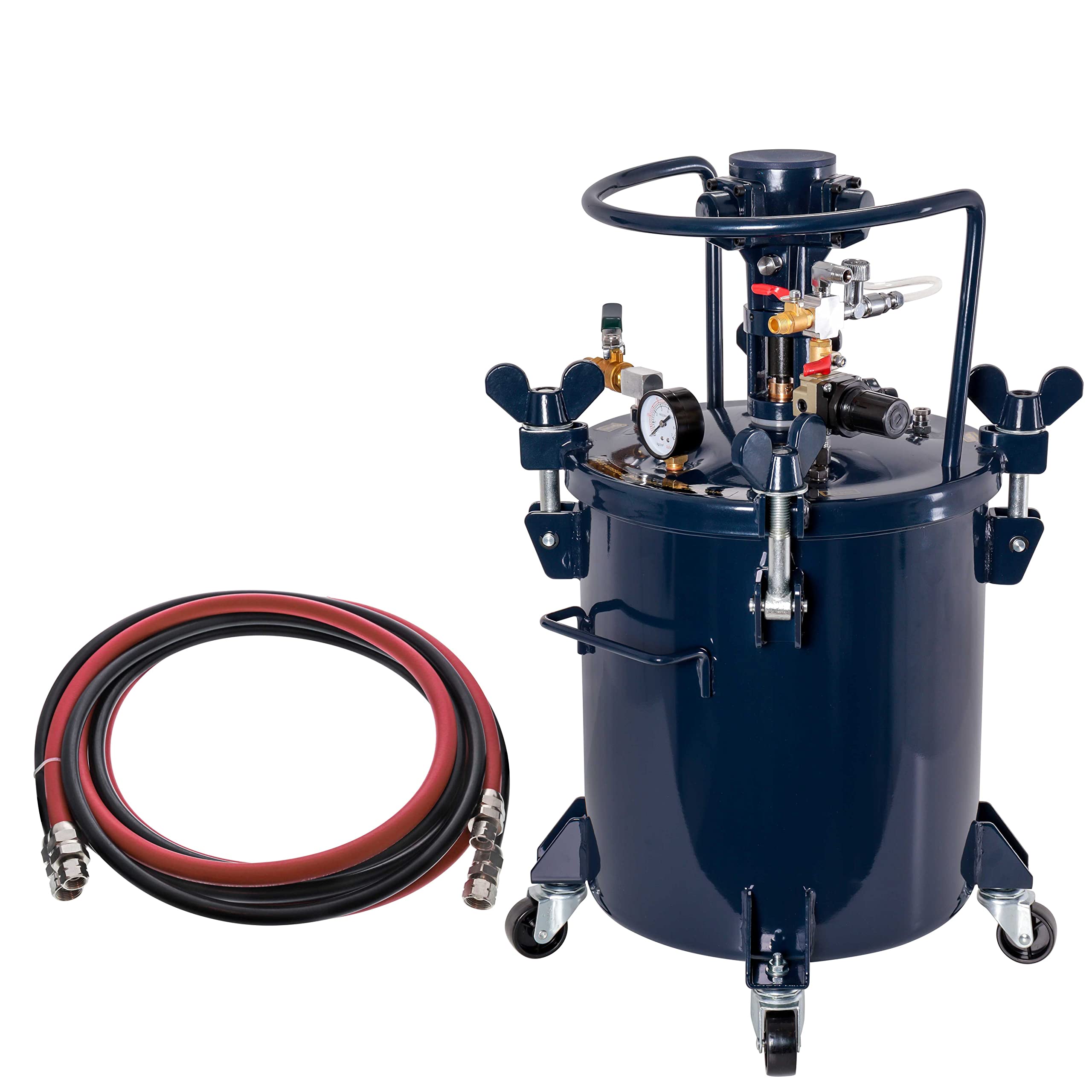 TCP Global Commercial 5 Gallon (20 Liters) Spray Paint Pressure Pot Tank with Air Powered Mixing Agitator with Master Elite Series 12 Foot Air and Fluid Hose Assembly Set with Fittings