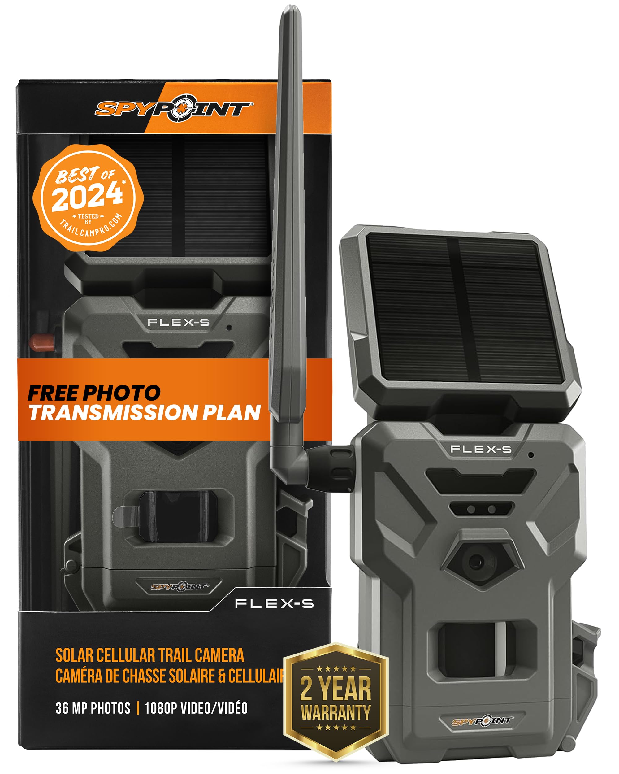 SPYPOINT FLEX-S Solar Outdoor Cellular Trail Camera - Integrated Solar Panel, No WiFi Needed, Hunting & Game Camera with Night Vision Motion Activated, Dual-Sim LTE, 36MP Photos, 1080p Videos + Sound
