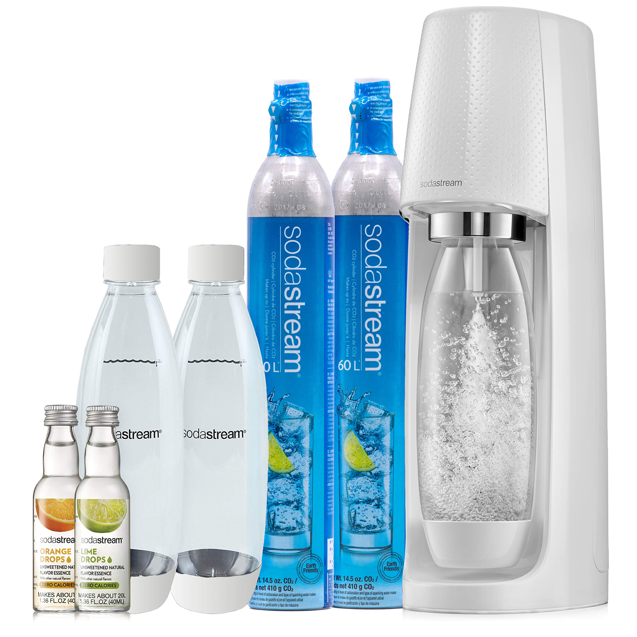 SodaStream Fizzi Sparkling Water Maker Bundle (White), with CO2, BPA free Bottles, and 0 Calorie Fruit Drops Flavors