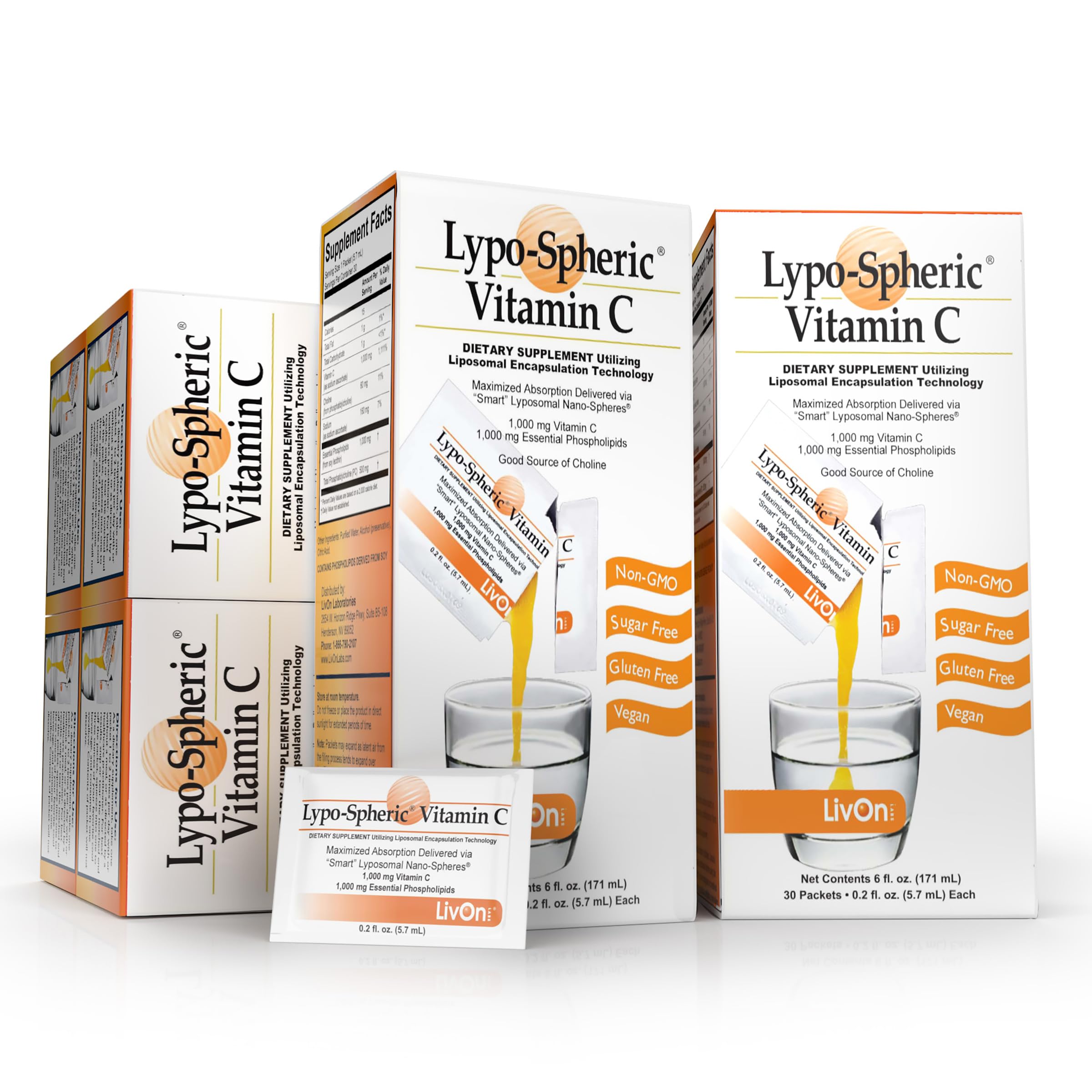 LivOn Laboratories Lypo–Spheric Vitamin C – 6 Cartons (180 Packets) – 1,000 mg Vitamin C & 1,000 mg Essential Phospholipids Per Packet – Liposome Encapsulated for Improved Absorption – 100% Non–GMO