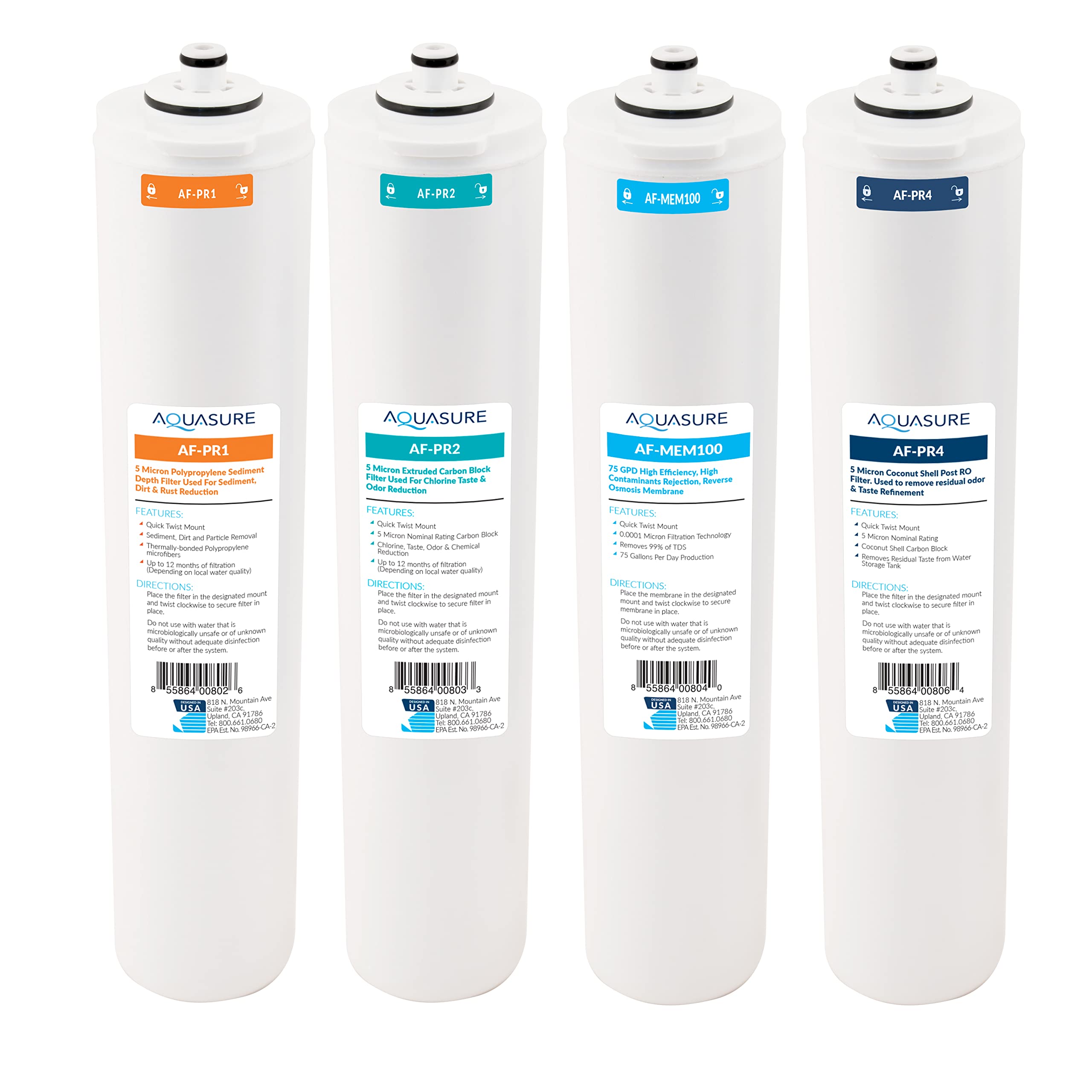 Aquasure Premier Series Complete 4-Stage Quick Twist Filter Replacement Cartridge Bundle Set AF-CP100 | Compatible with AS-PR100 Under Sink Reverse Osmosis RO Filtration System for Well Water
