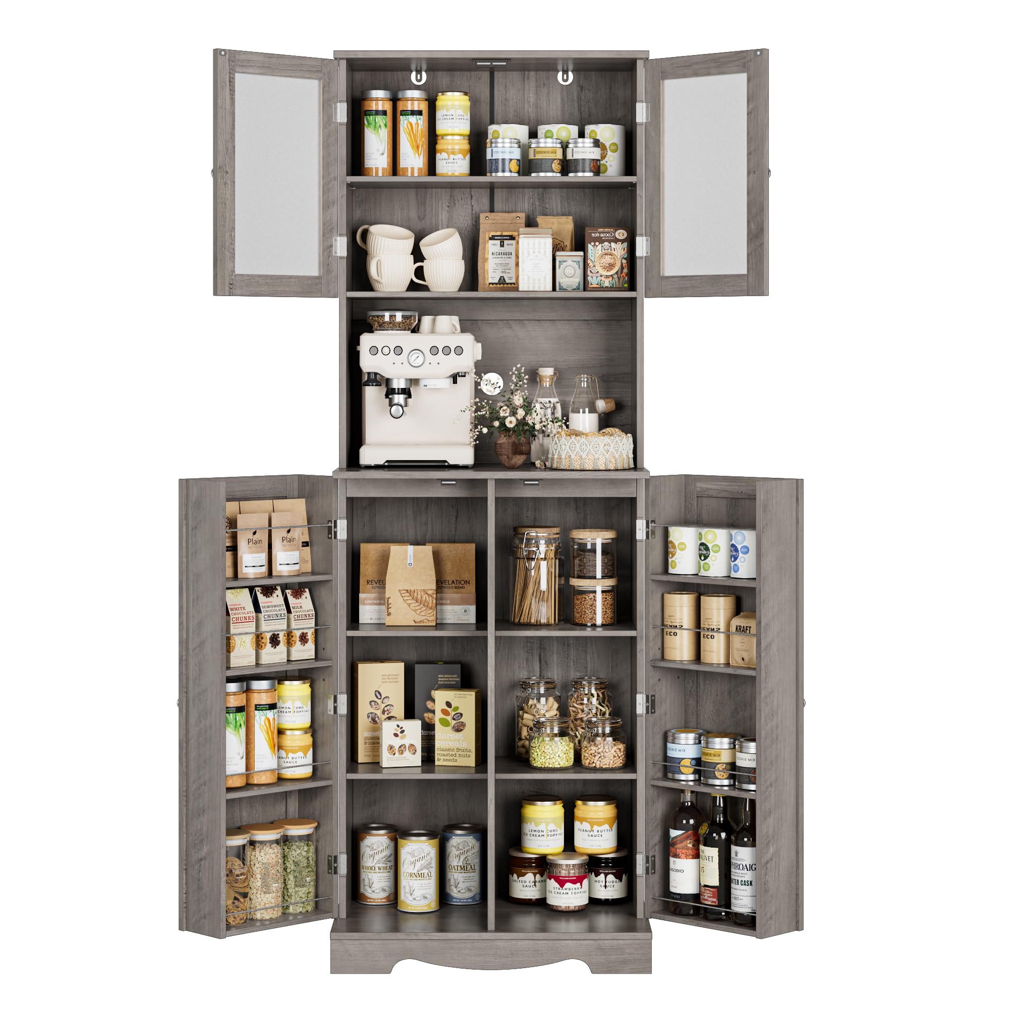 HOSTACK 71'' Pantry Cabinet, Tall Storage Cabinet with Microwave Stand, Freestanding Kitchen Hutch with Doors and Adjustable Shelves, Mordern Food Pantry for Kitchen, Dining Room, Ash Grey