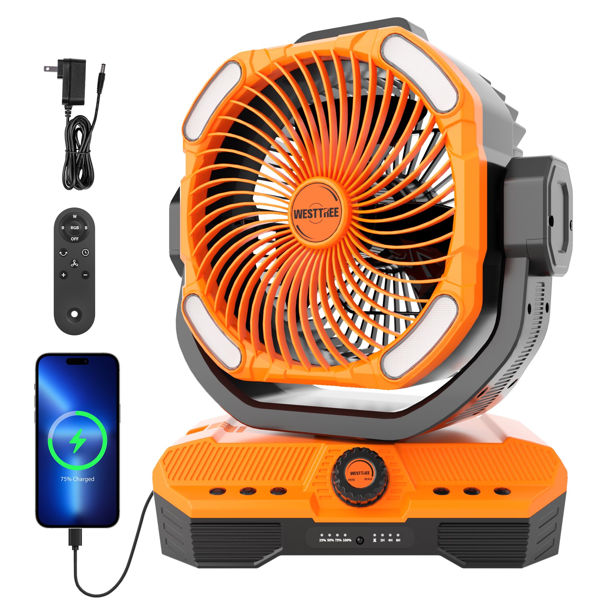 WESTTREE Battery Operated Large Airflow Fan,45000mAh Rechargeable Camping Cordless Fan with 360°Auto Oscillation & Timer, Queit Battery Powered Tent Fans Portable with RGBW Lights for Home X66 Orange