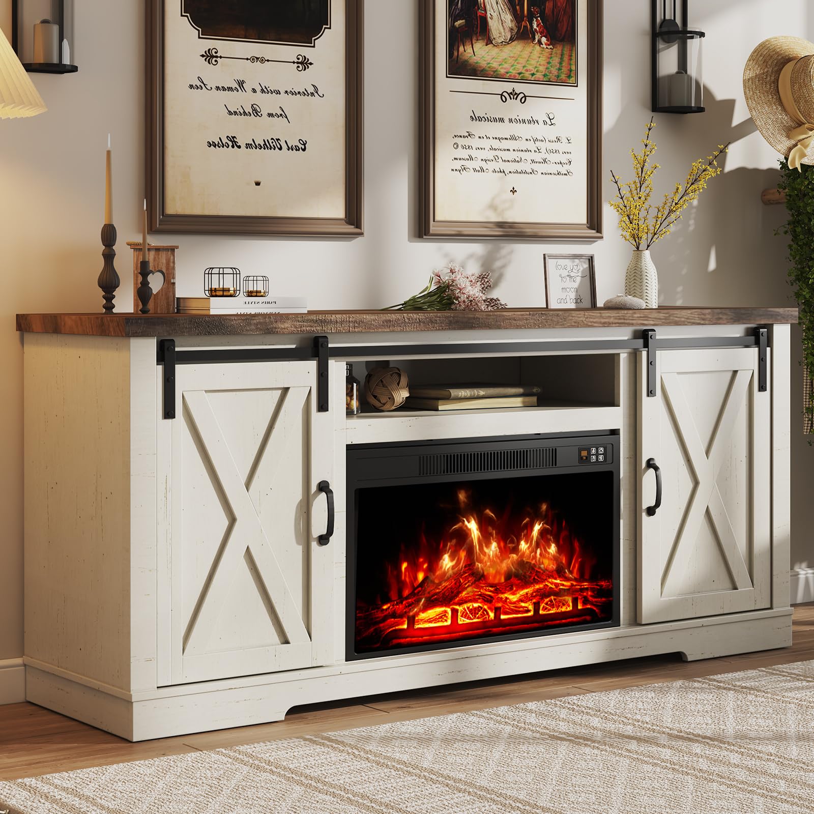Fireplace TV Stand with Sliding Barn Door for TVs up to 65", Farmhouse 59" Fireplace Entertainment Center with Storage Cabinets/Adjustable Shelves, Distressed White & Barnwood