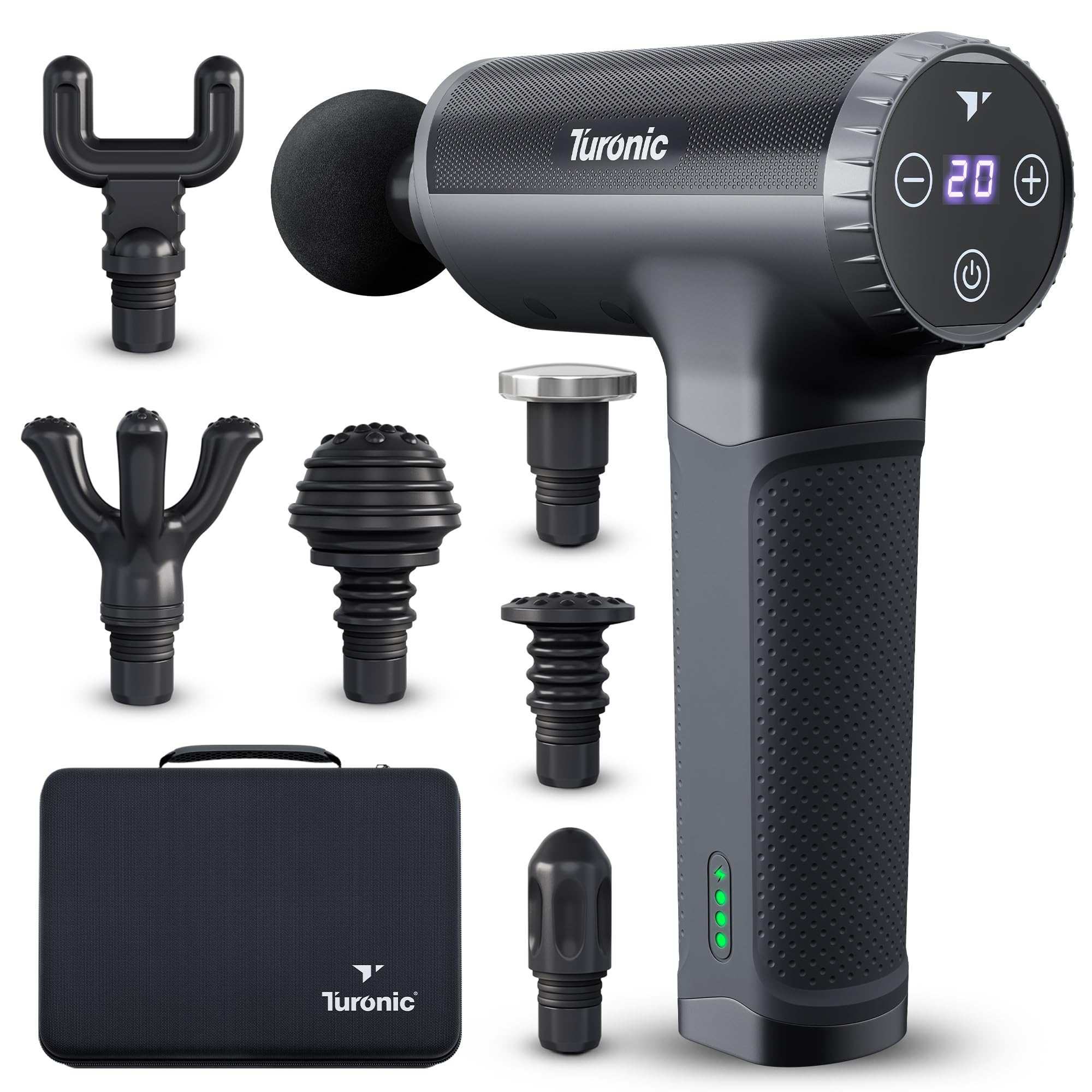 Turonic Professional Handheld Massage Gun - Deep Tissue Percussion Massager, 20 Speeds, 7 Heads, Quiet, Powerful, Portable, Cordless, Great for Athletes, Personal Use, Shoulder, Foot, Back Body, GM5