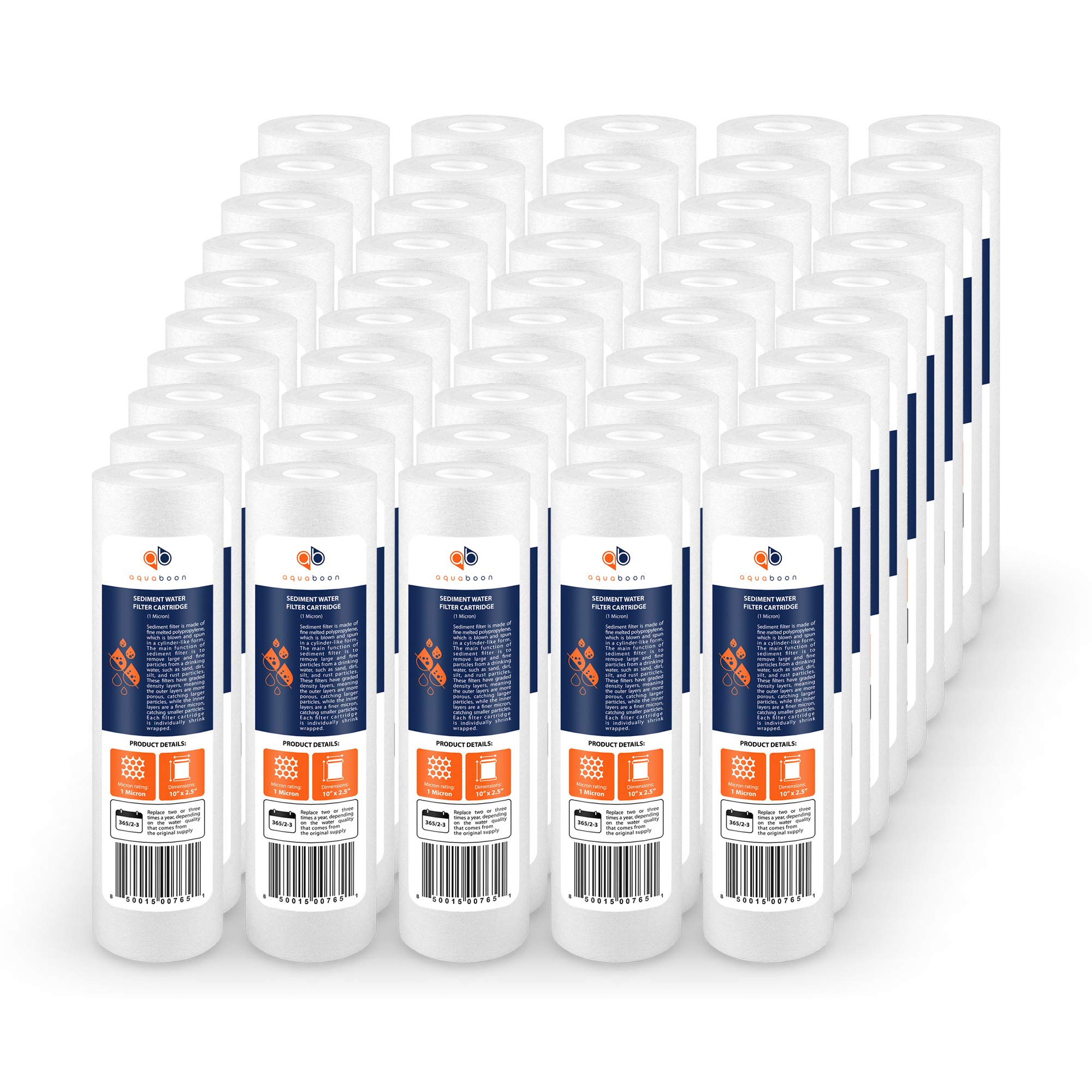 Aquaboon 1 Micron Whole House Sediment Filter 10 x 2.5 for RO & Well Water Filters Replacement Cartridges Compatible with AP110, WHKF-GD05, 50 Pack