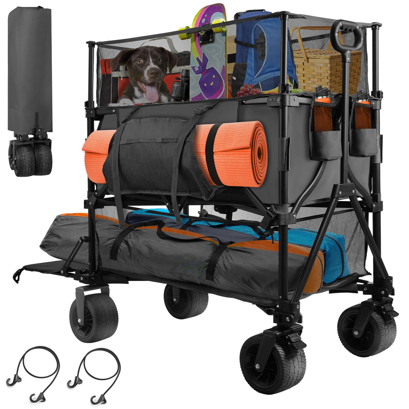 HOPERAN 550L XXL Foldable Double Decker Wagon-Greater Capacity,360° Adjustable Handle Heavy Duty 550LBS Collapsible Cart with 54" Extra Extender,All Terrain Double-Locking Brack Wheels (Black)