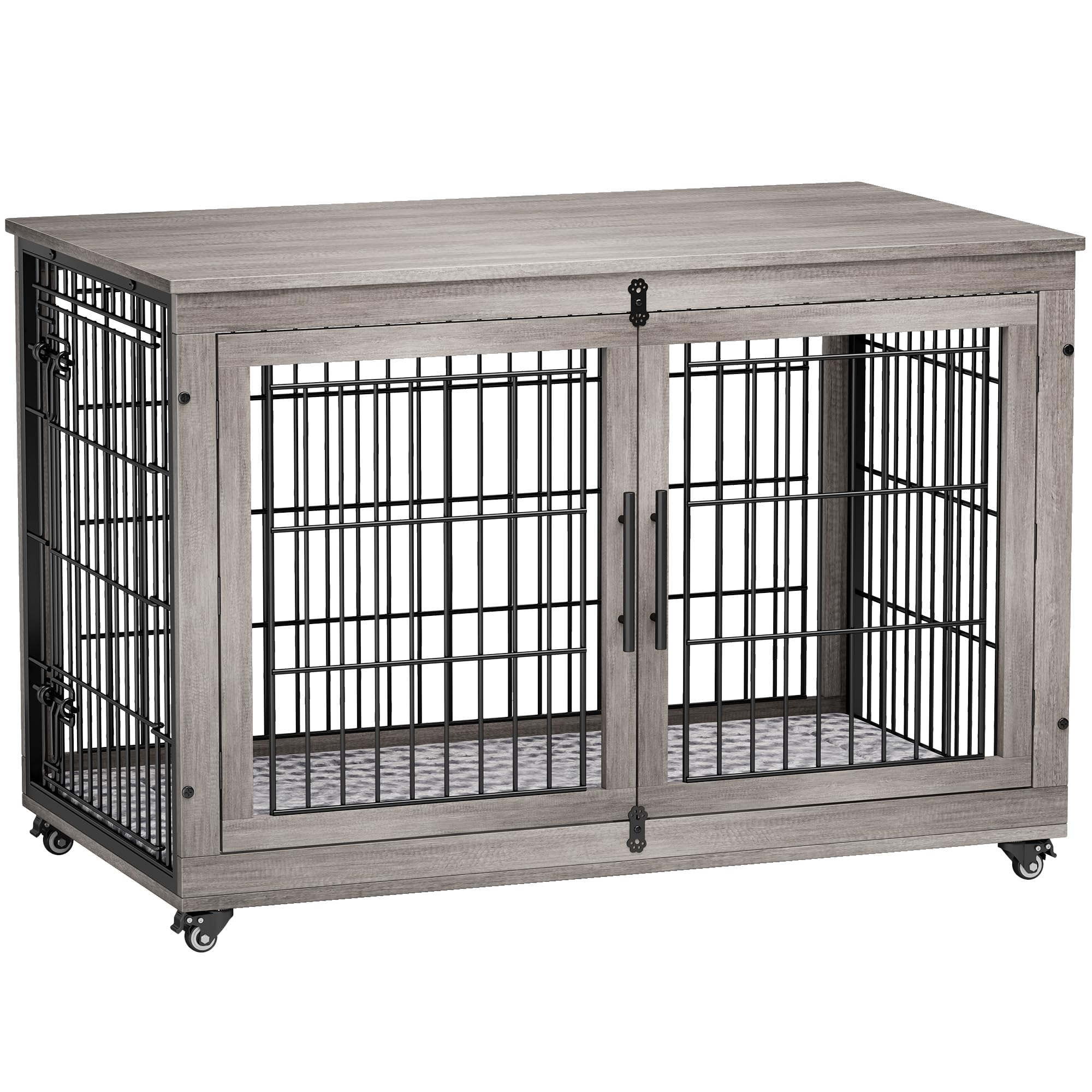 Lulive Dog Crate Furniture, XL Wooden Dog Kennel Indoor Double Doors Dog Cage, 44'' Heavy Duty Dog Crate with Cushion & Wheels, Decorative End Table Pet House Chew-Resistant for Medium/Small Dog, Grey